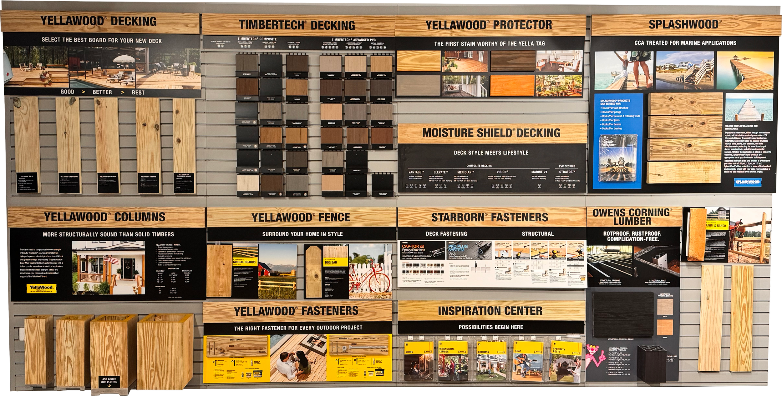 Display board showcasing various types of decking and outdoor construction materials, including Yellowwood decking, Timbertech decking, Yellowwood Protector, Splashwood, Yellowwood columns, yellowwood fence, Starborn fasteners, Owens Corning lumber, and an inspiration center. The board features color samples, product descriptions, and usage suggestions for outdoor construction projects.