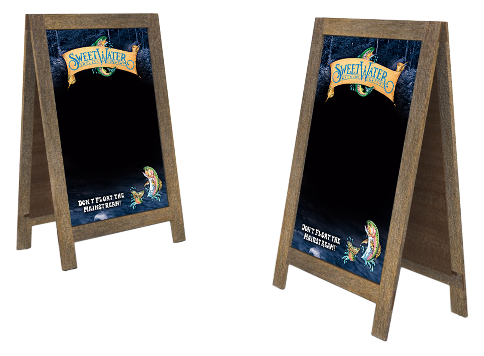 Two wooden A-frame sidewalk signs with blue backgrounds, displaying a colorful graphic of a fish and the text "SweetWater Brewing Co." at the top. The bottom of each sign reads "Don't float the mainstream!"