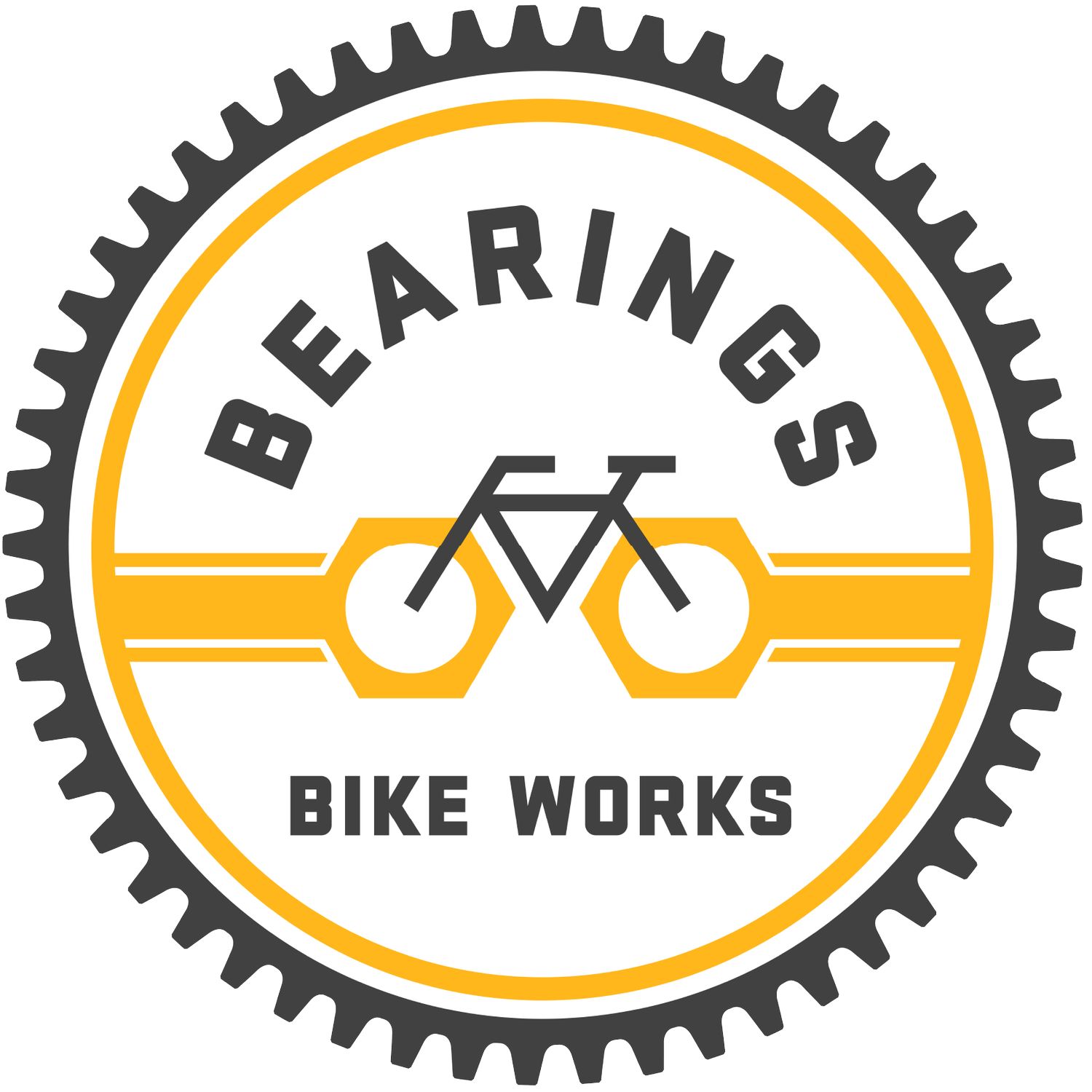A circular badge with the text 'BEGIN NINGS' curved along the top, a stylized bicycle with yellow hexagon accents in the center, and the words 'BIKE WORKS' at the bottom, all surrounded by a gear-like border.