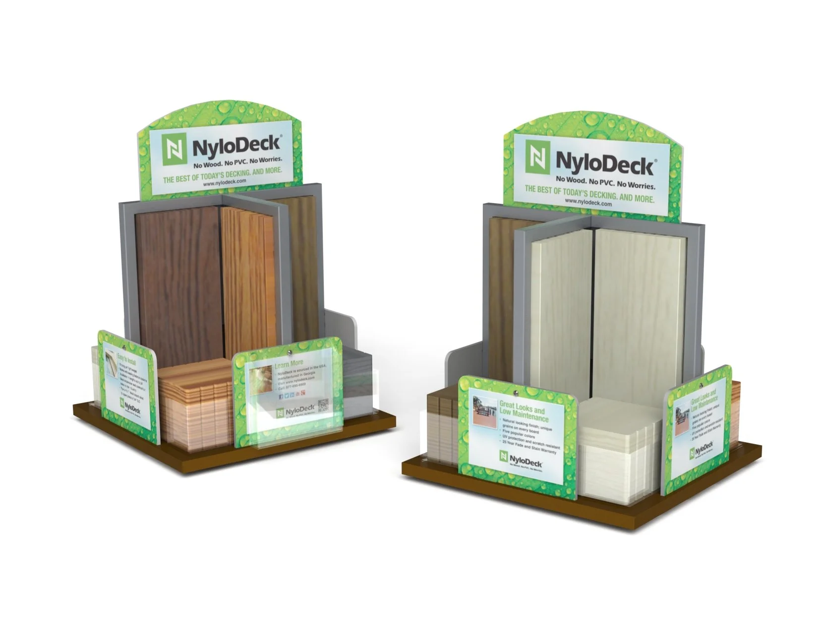 Display stand with samples of wood decking materials, featuring warranty and product information signage.