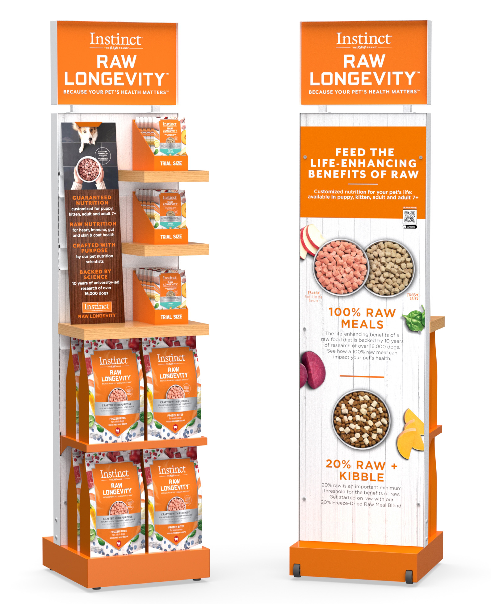 Display of pet food products on a stand with signs promoting raw pet meals, featuring packaging and informational posters about raw dog food benefits.