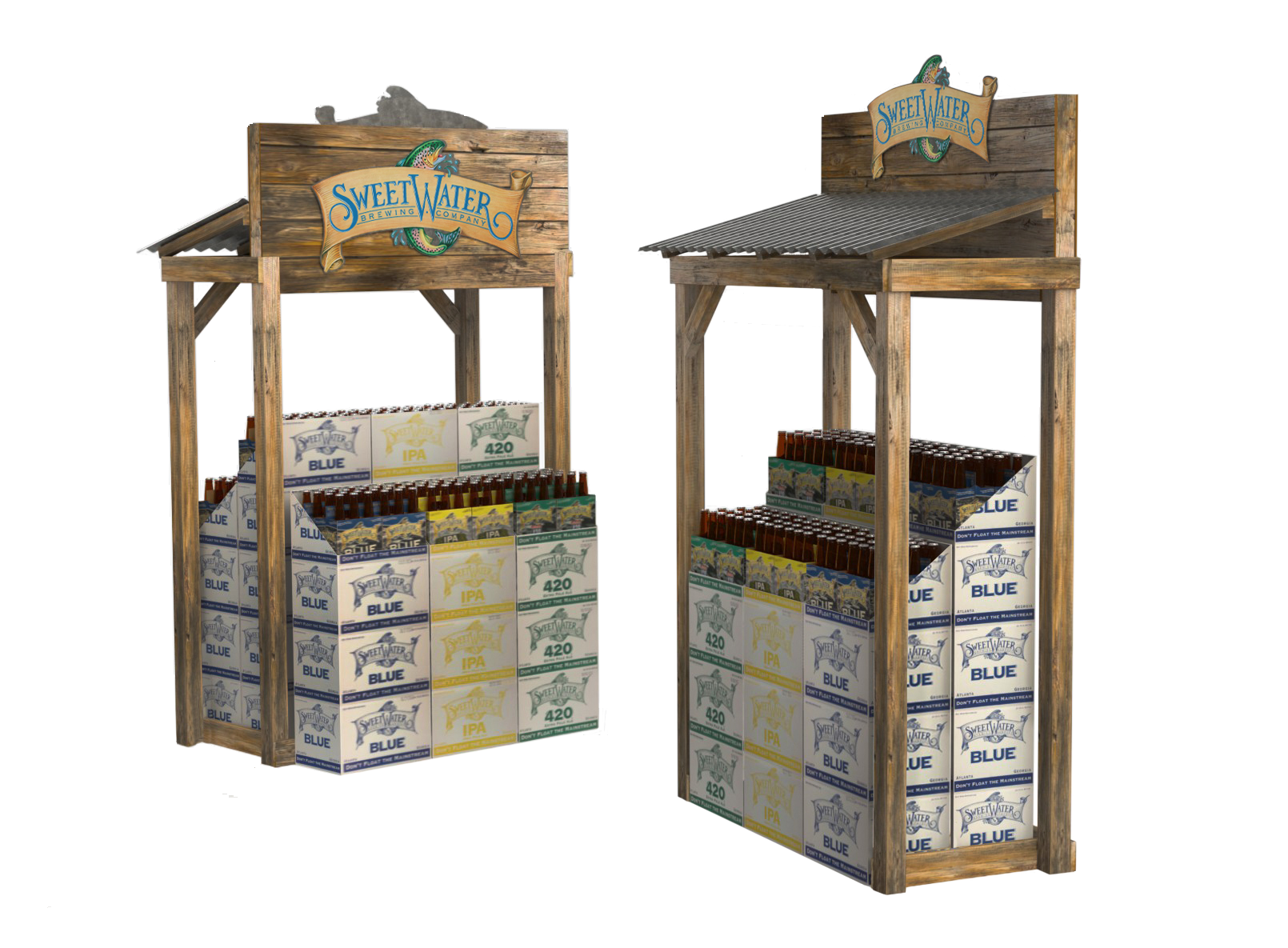 Two wooden booths labeled ’Sweet Water Brewing Company,’ each displaying boxes of beer bottles, with one box labeled ’Blue’ and the other ’IPA,’ under a wooden sign with the brewery logo.