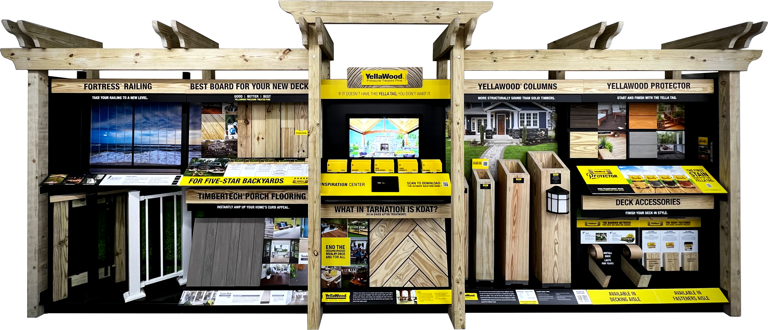 Display showcasing various home building and renovation materials, including railing, flooring, columns, porch, and deck accessories, with informational signage and sample images.