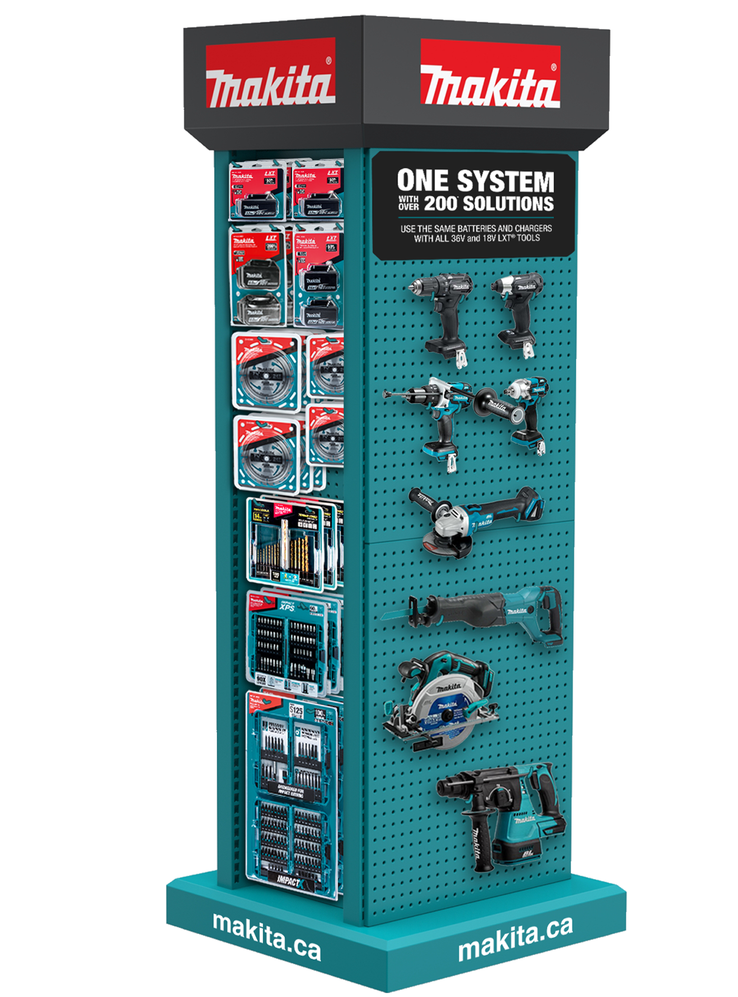 Makita tools display stand featuring power drills, saws, and accessories with branding and promotional signage.