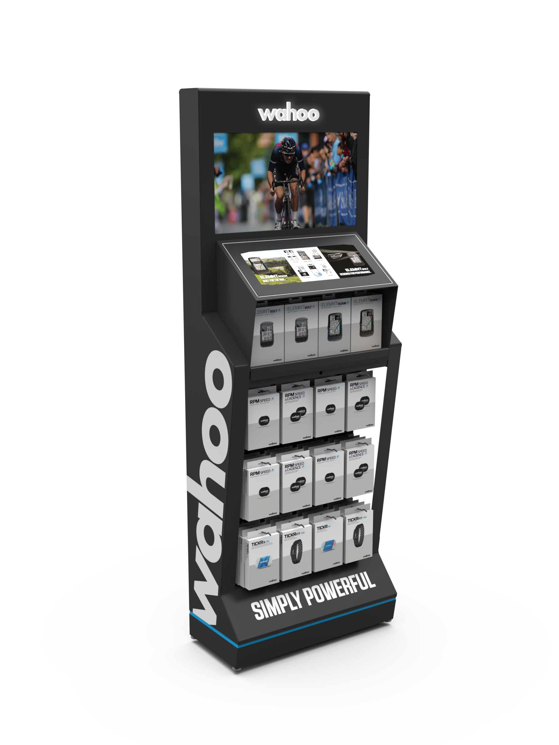 Display stand for Wahoo fitness products with a large screen showing a cyclist, and various boxes of fitness devices like heart rate monitors and sensors underneath, with the phrase "SIMPLY POWERFUL" at the bottom.