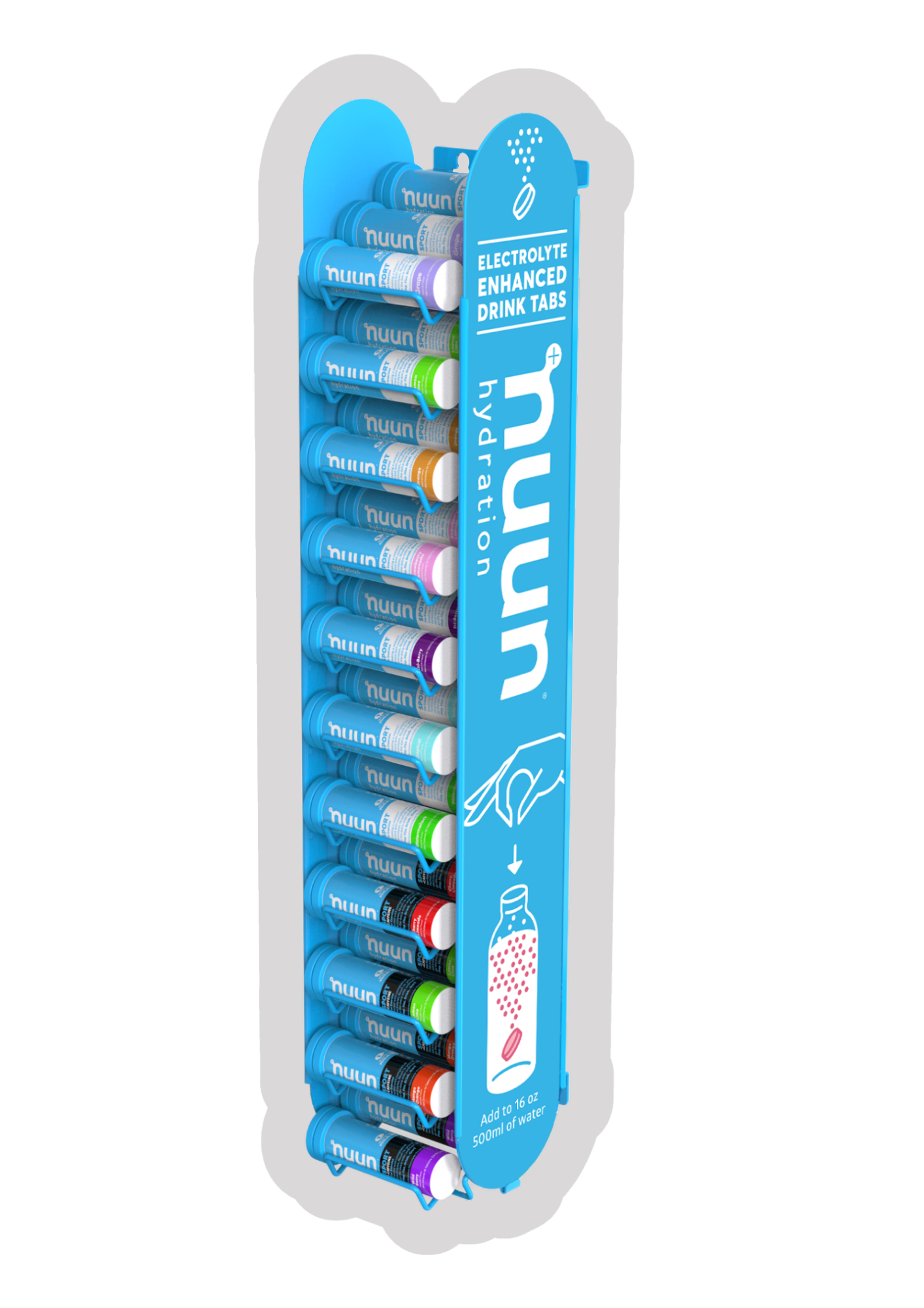 Display holder with cans of Nuun electrolytes, with instructions to add to 16 oz of water, showing colorful cans