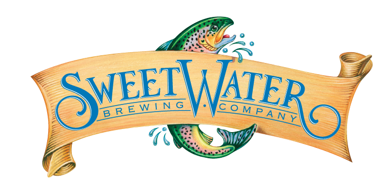 Logo of Sweet Water Brewing Company featuring a rainbow trout jumping through a wooden banner with blue text.