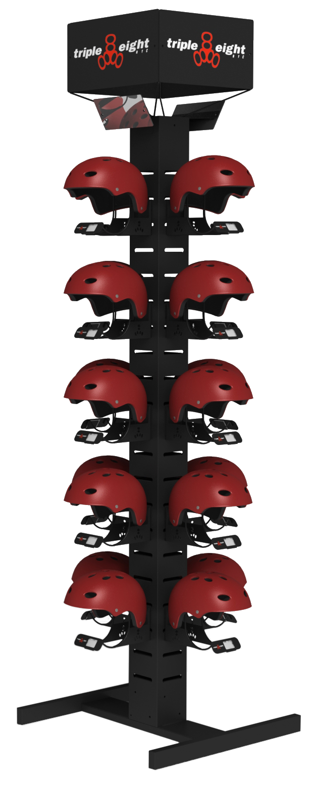 A retail display stand with multiple red bike helmets and a sign on top that reads 'triple eight' along with a logo of three red knuckles.