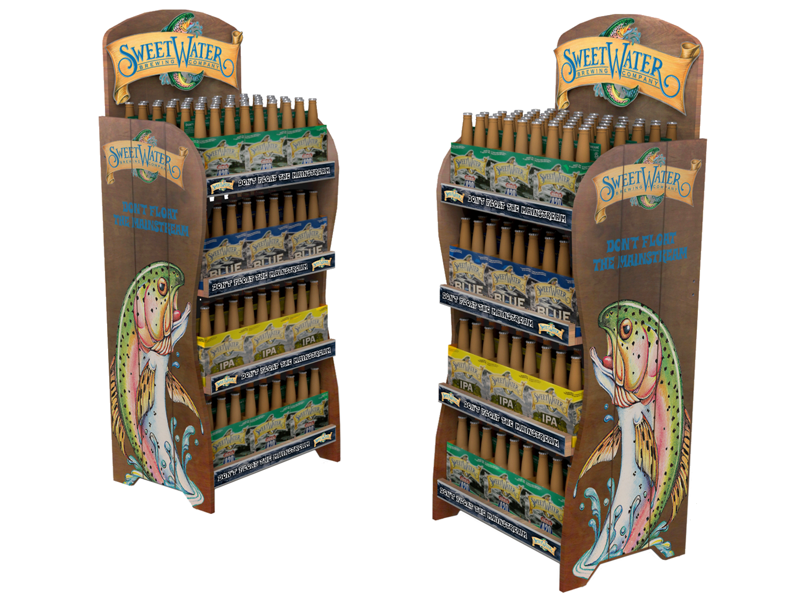 Display stand for SweetWater Brewing Company beers with a colorful fish illustration and the slogan "Don't Float the Mainstream".