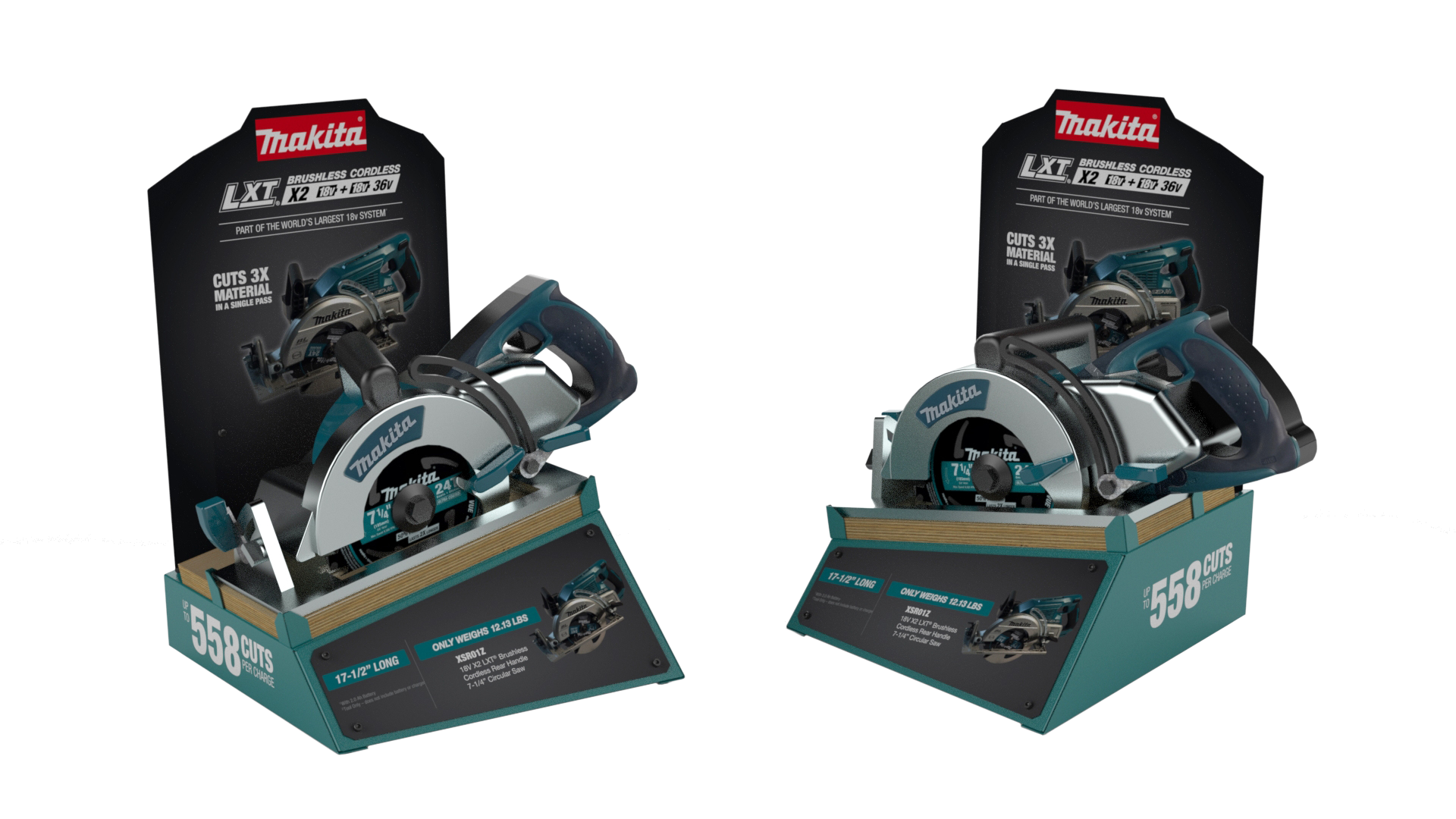 Two Makita cordless circular saws on display stands, with packaging in the background, showcasing specifications and features.