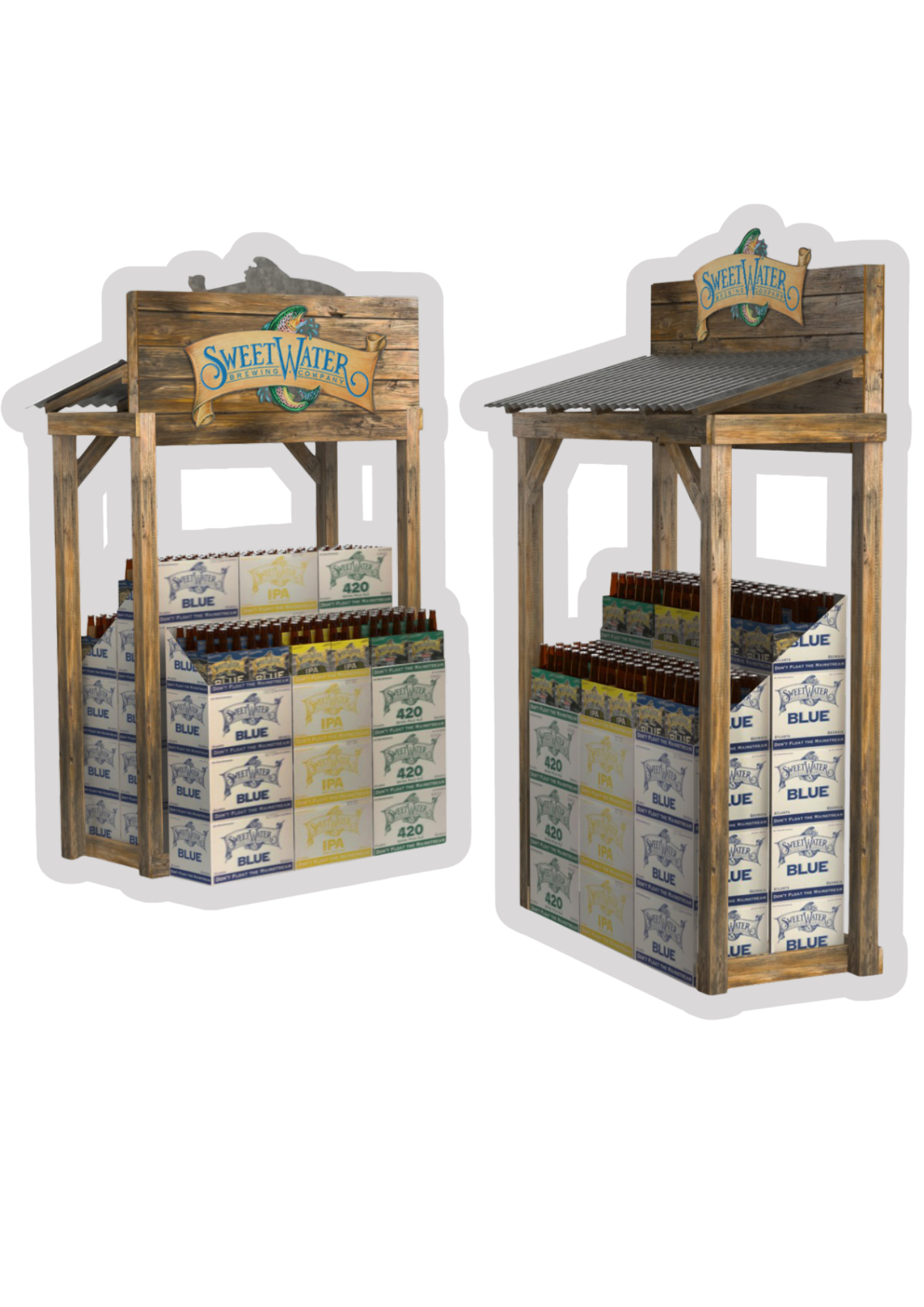 Two wooden display stands for Sweet Water Brewing Company, showcasing bottled beers labeled 'Blue,' 'IPA,' and '420.' The stands have the company's logo and a fishing-themed design.