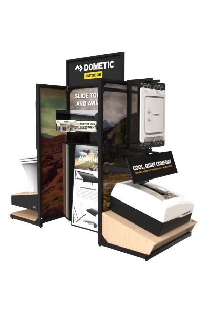 Display stand featuring promotional materials for outdoor and home improvement products, including landscape images, signage, and a white device mounted on the stand.
