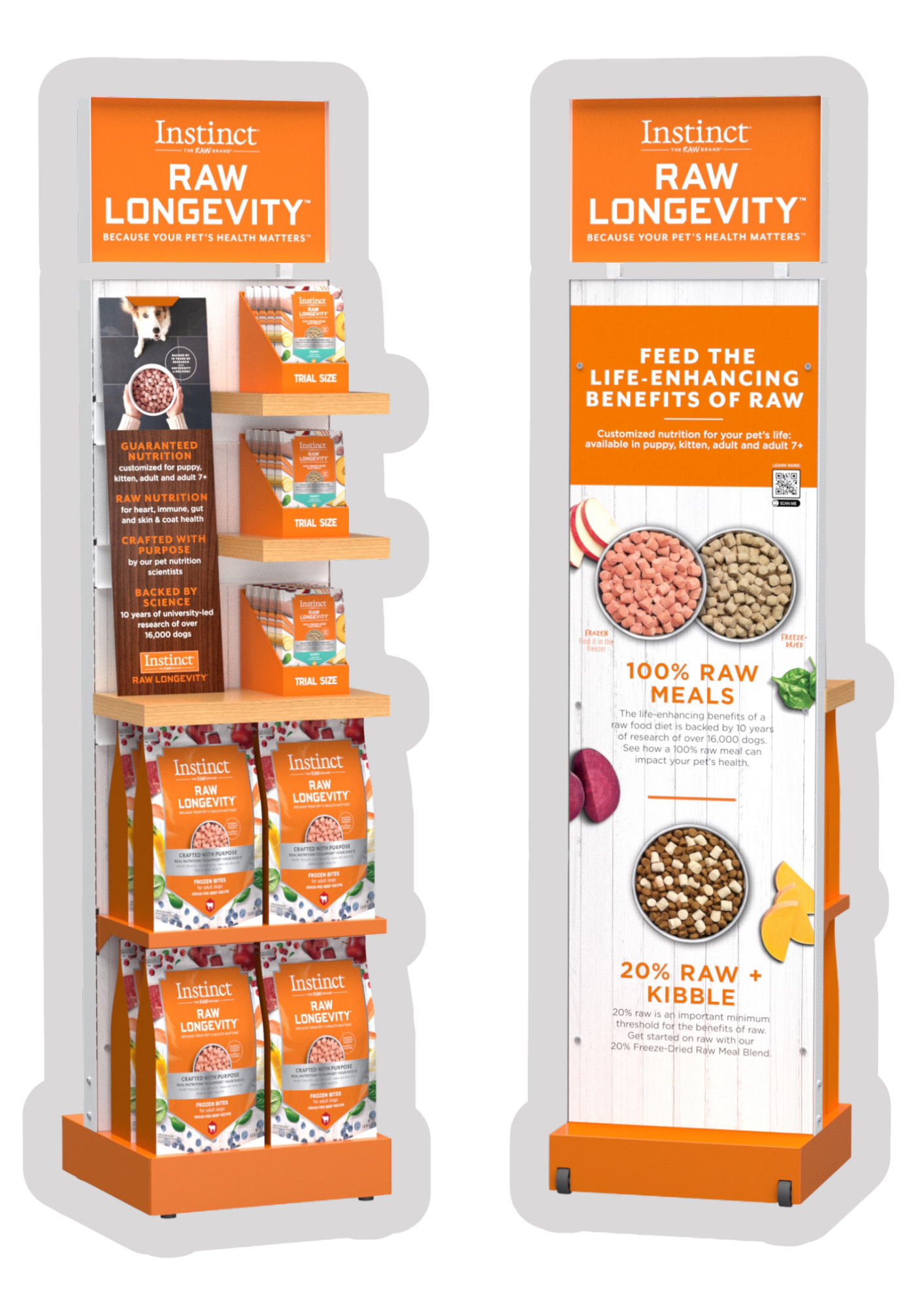 Display stand for Instinct Raw Longevity pet food with promotional signage about raw food benefits and packaging of raw pet food on shelves.