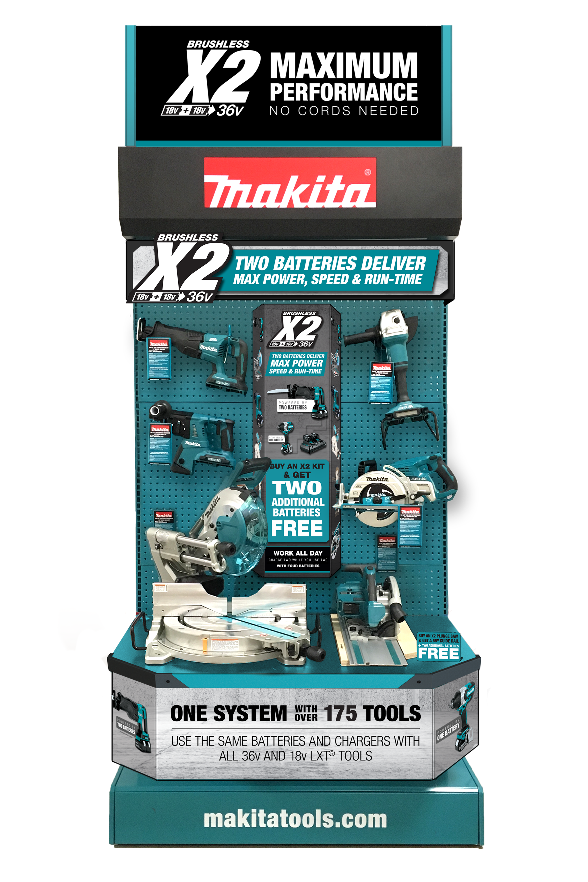 Display stand for Makita cordless tools with a banner that reads, "Brushless X2 Maximum Performance No Cords Needed." The tools include a drill, impact driver, saw, and other power tools, along with batteries and accessories.