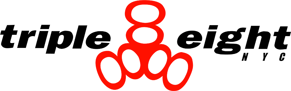 Logo with the words "triple eight NY" in black text and a stylized red figure resembling three interconnected rings in the center.