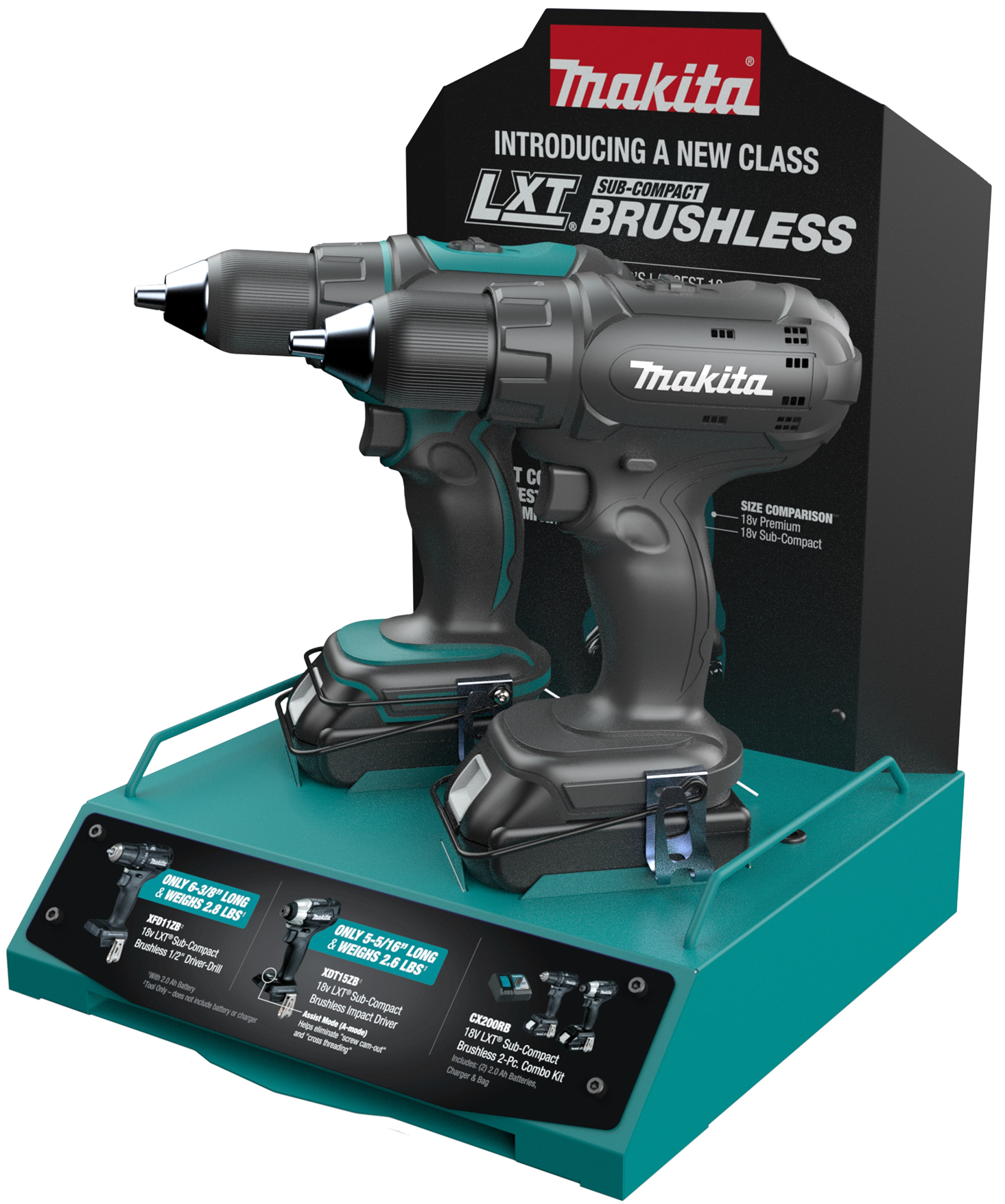 A display of cordless power tools, including drills and impact drivers, on a teal stand with information panels, promoting the Makita brand and showcasing a new class of brushless tools.