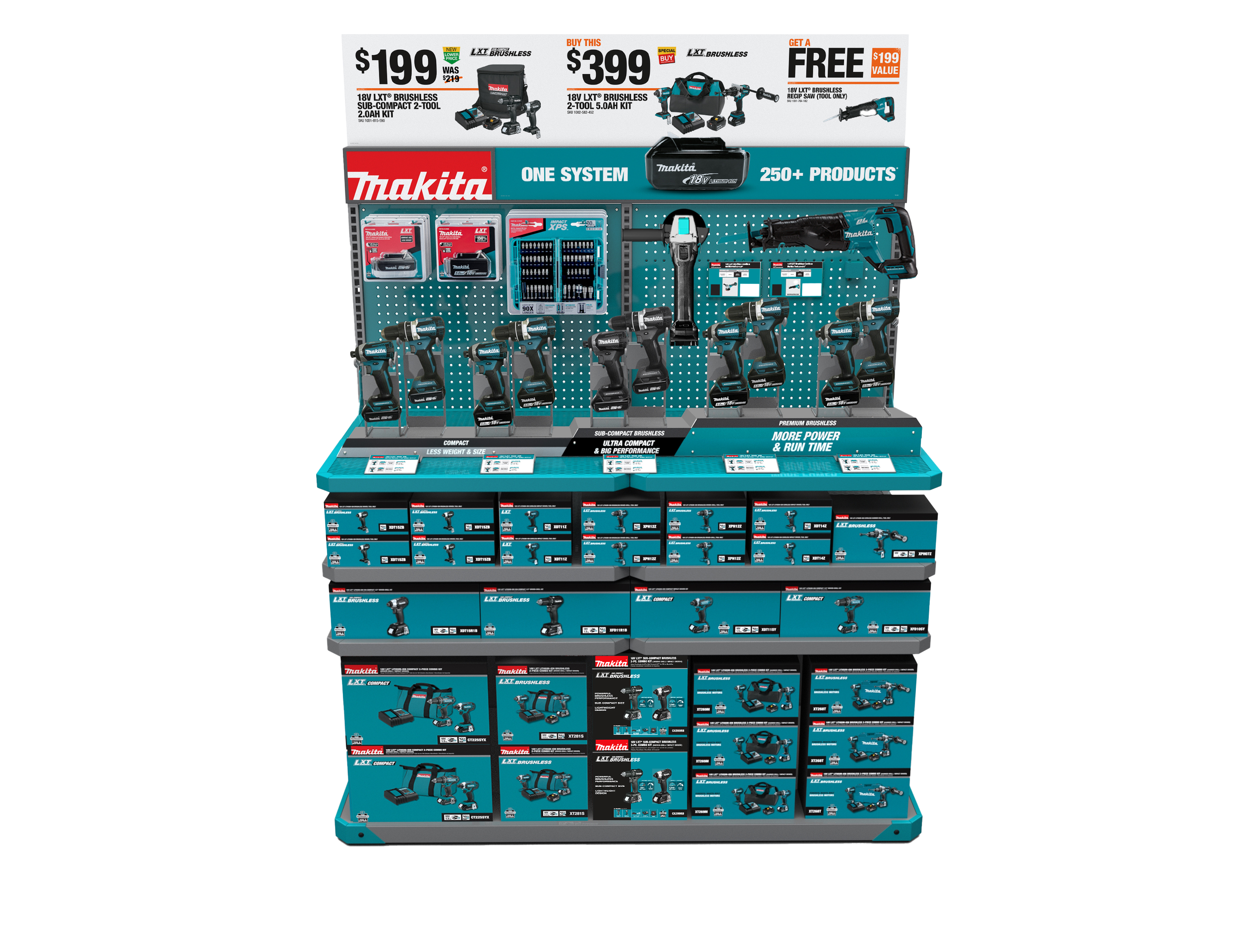 A retail display of Makita power tools and accessories, including cordless drills, batteries, chargers, and tool kits, arranged on a blue and black pegboard shelving unit.