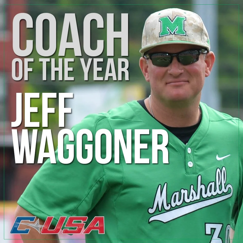 A man wearing a green baseball jersey with the word "Marshall" on it, black sunglasses, a beige cap with a green "M" logo, and a silver necklace, standing outdoors with blurred background, celebrating Jeff Waggoner as Coach of the Year.