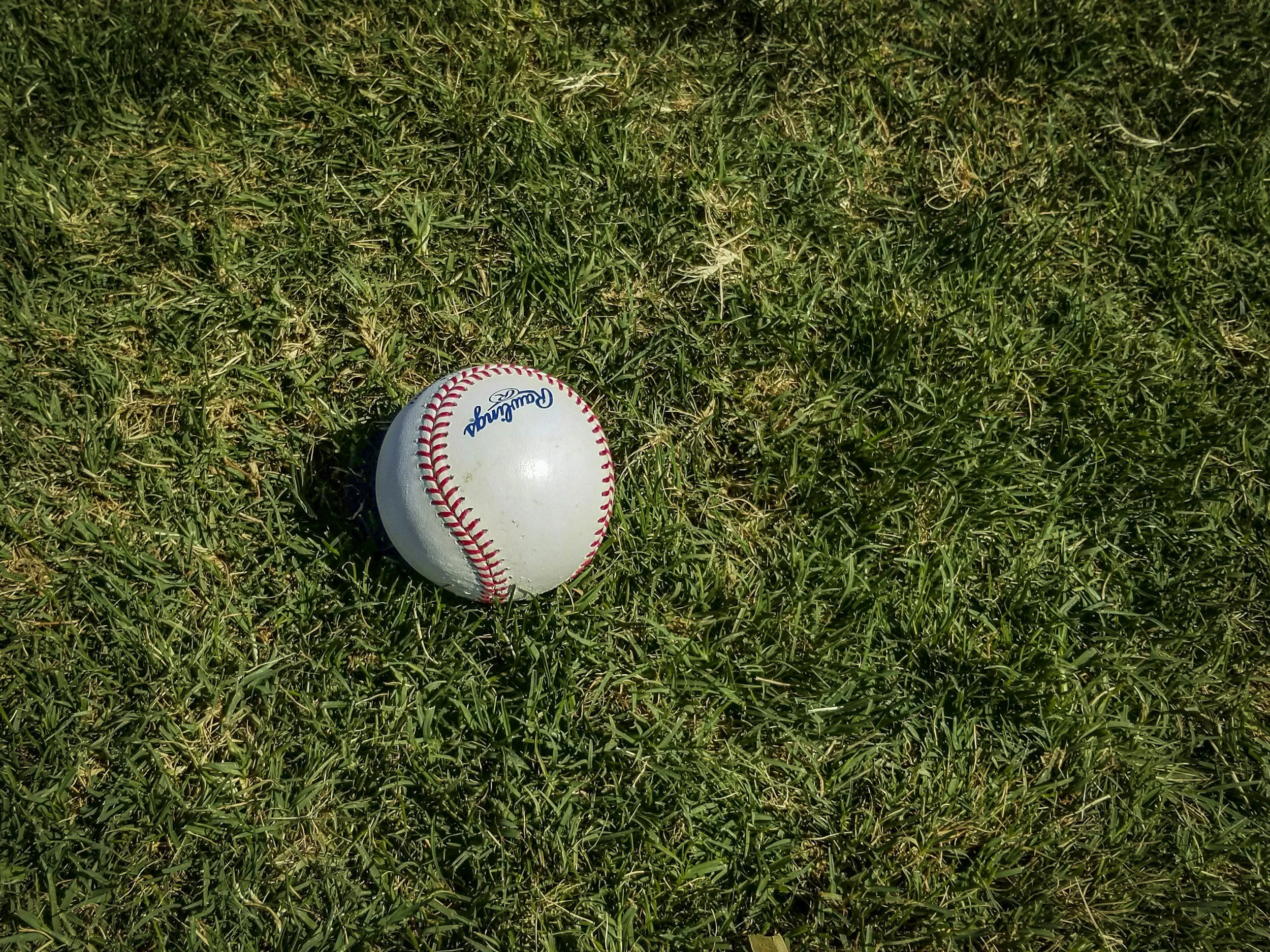 A baseball lying on a patch of green grass.