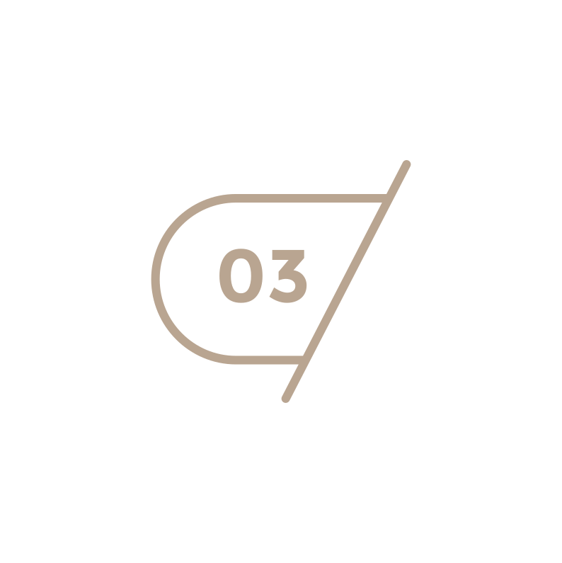Black background with a beige outline of a badge with the number 03 inside. A diagonal line runs from the top right to the bottom left, dividing the badge.
