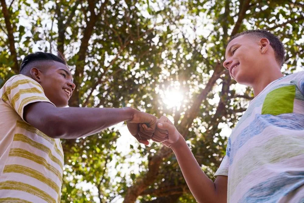 Two boys shaking hands outdoors with trees and sunlight behind them.