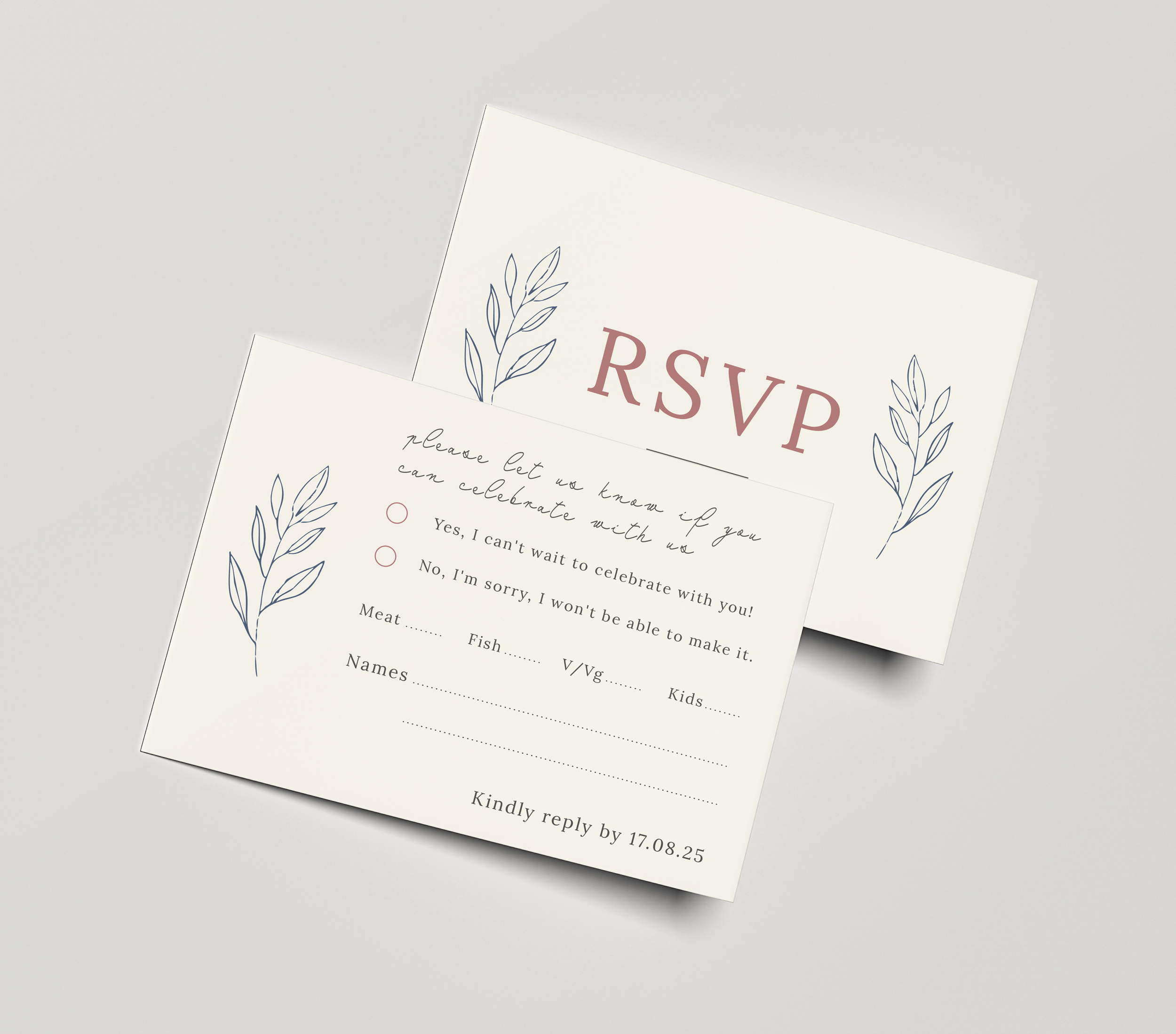 A pair of RSVP cards, one with writing and checkboxes, and the other with the text 'RSVP' in large letters, decorated with simple line drawings of leaves.