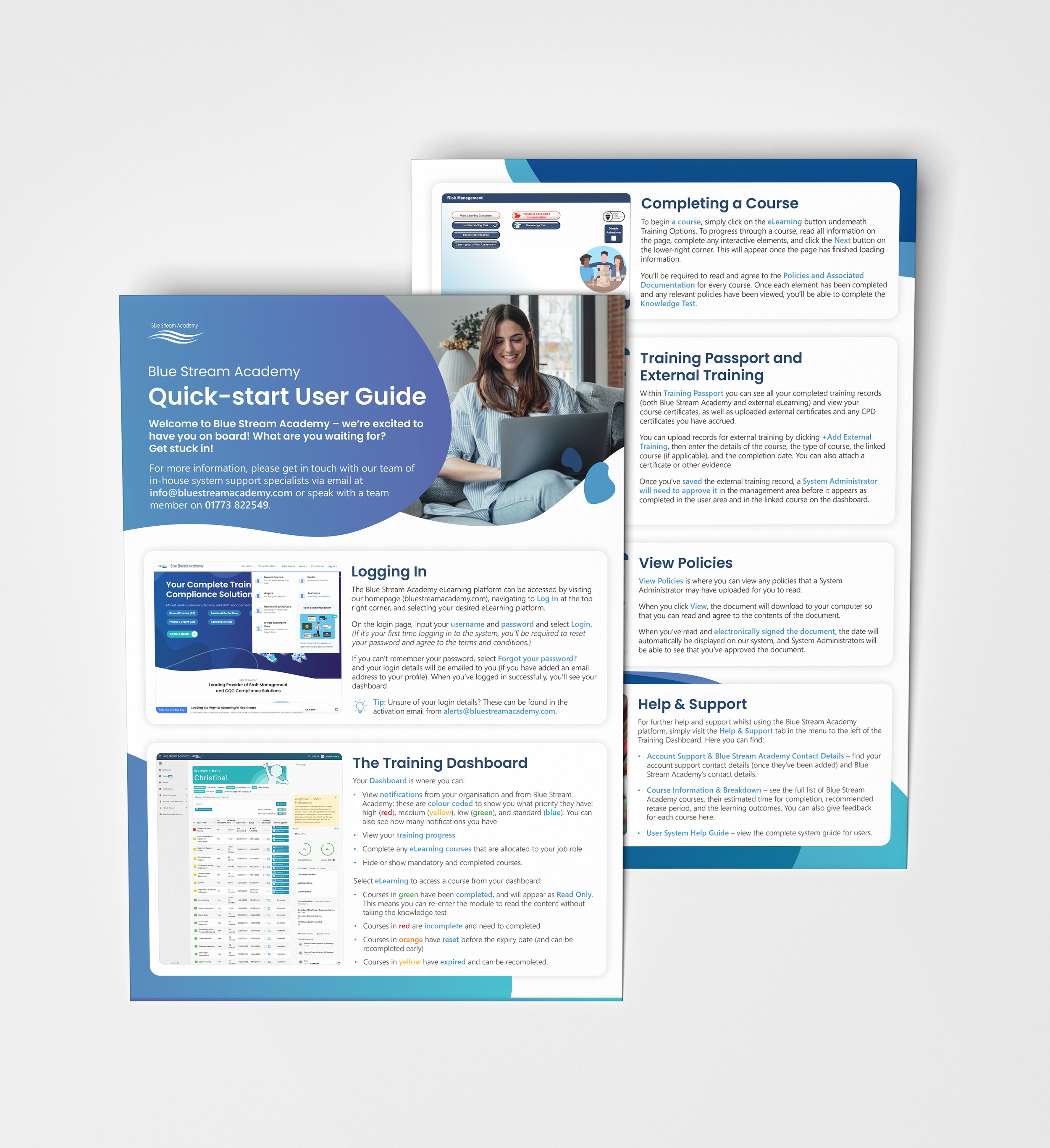 A digital user guide with a blue theme, titled 'Quick-start User Guide' for Blue Stream Academy. The cover features a woman smiling while working on a laptop, with sections detailing course completion, training passport, policies, help and support, t
