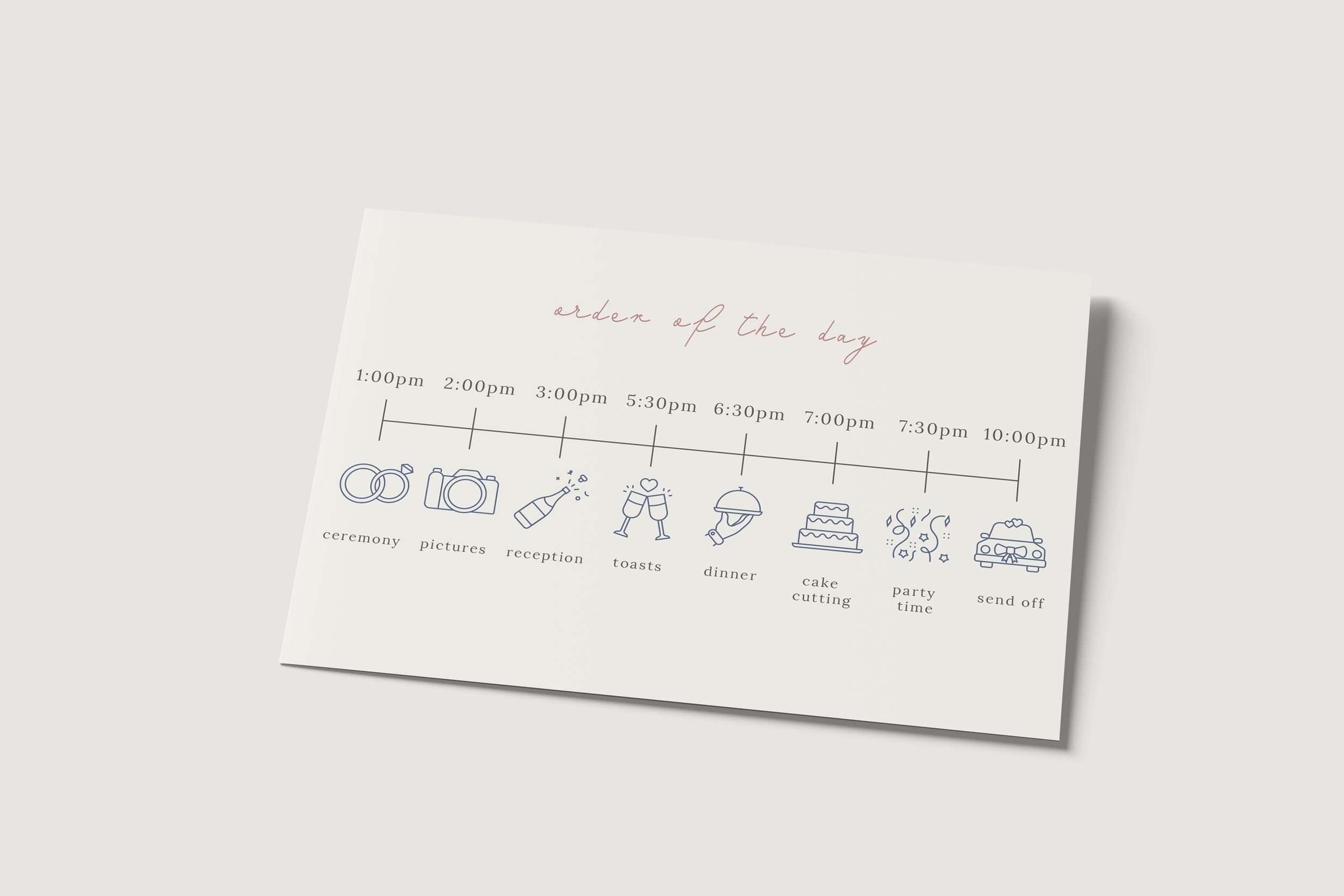 Wedding schedule timeline with icons representing ceremony, pictures, reception, toasts, dinner, cake cutting, party time, send off from 1:00 PM to 10:00 PM.