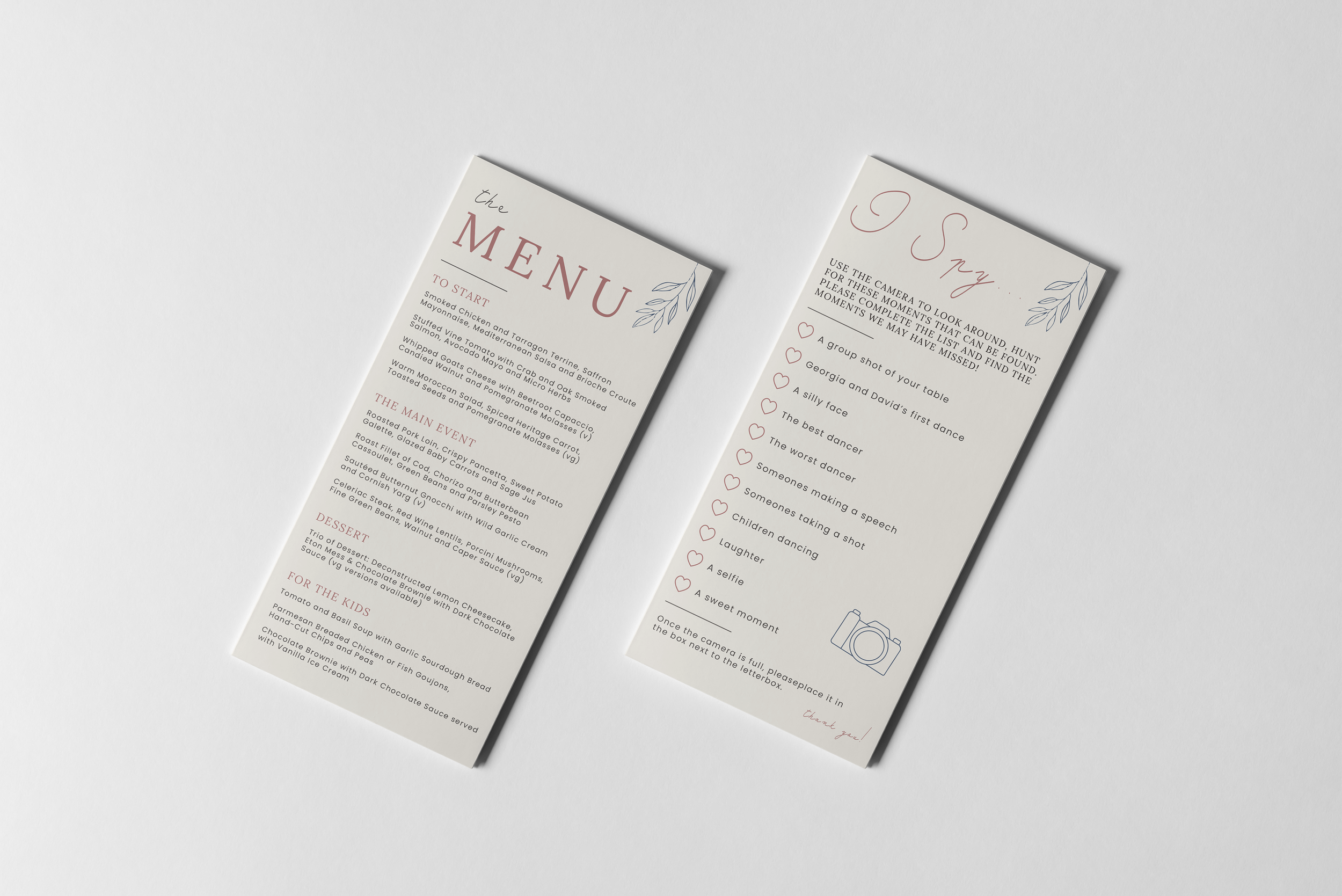 Wedding menu and photography list on separate cards, placed on a white background.