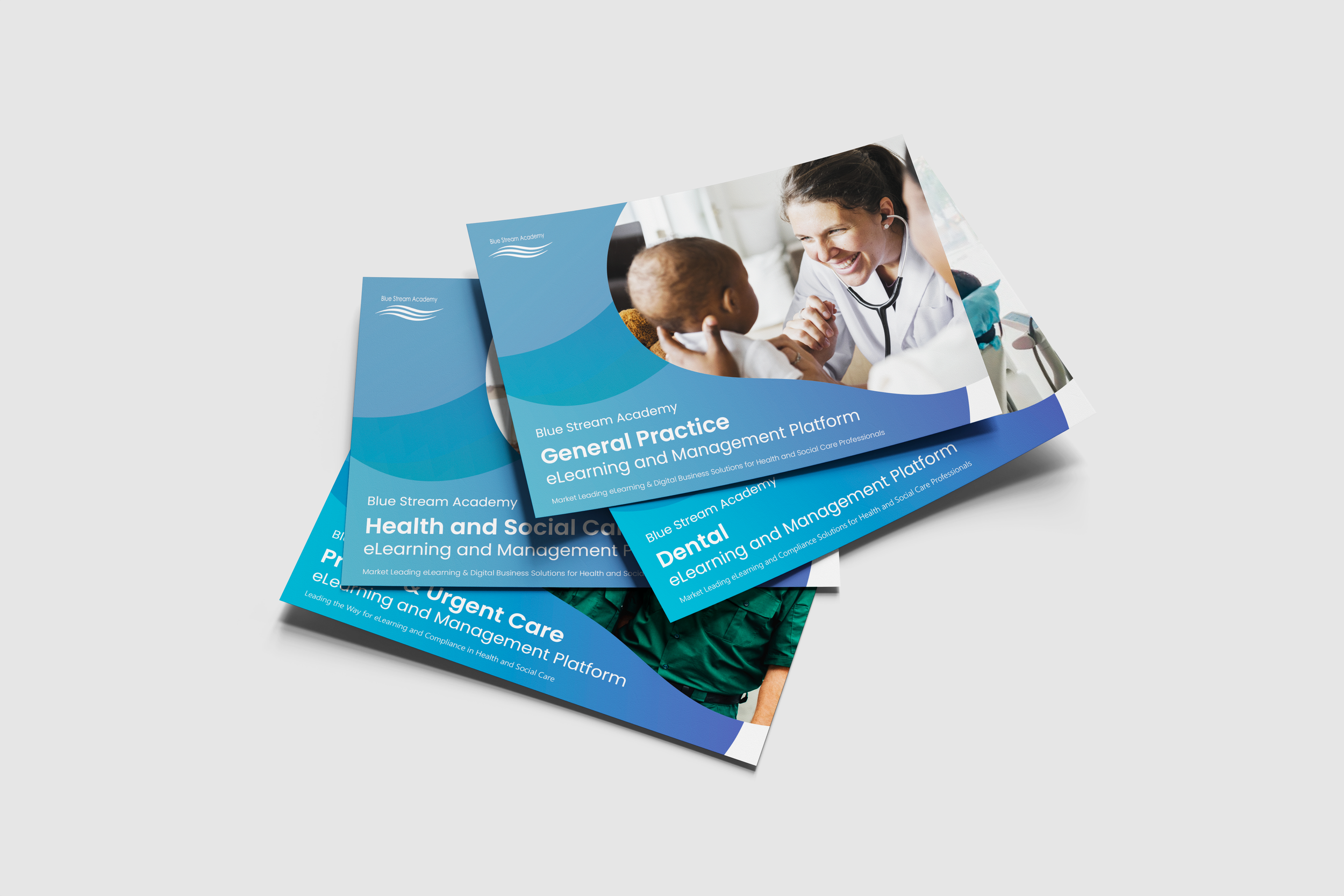 Three brochures for Blue Stream Academy on health, dental, and general practice eLearning and management platforms.