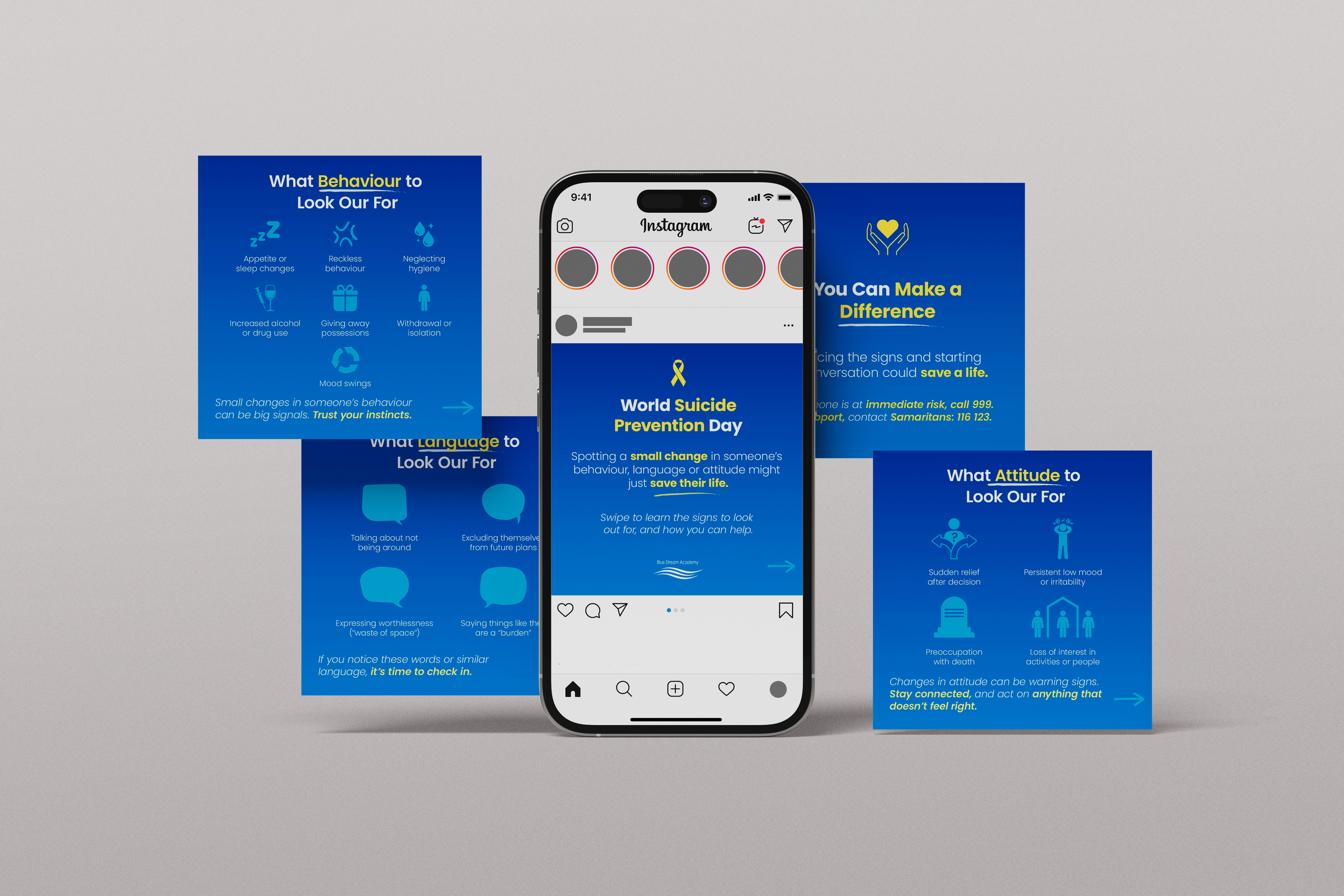 Instagram phone screen displaying information about World Suicide Prevention Day surrounded by warning signs and behaviors to look for, and actions to take.