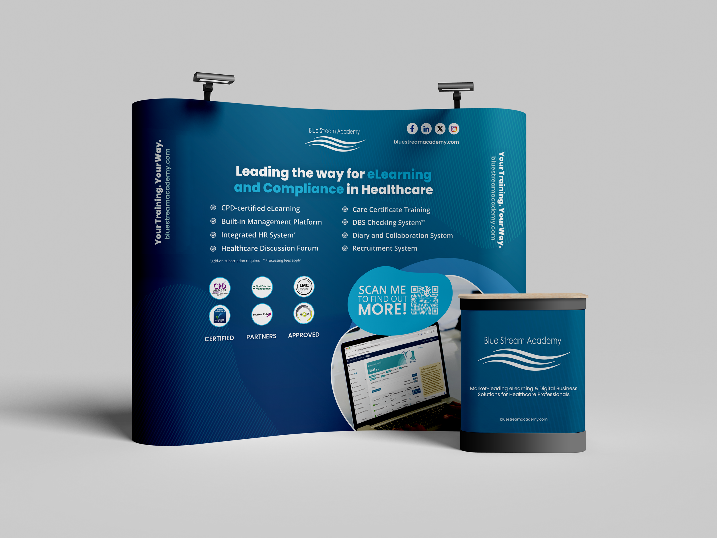 Booth display promoting Blue Stream Academy's healthcare eLearning and compliance courses, featuring a large poster with information and a smaller cylindrical stand with the company logo.
