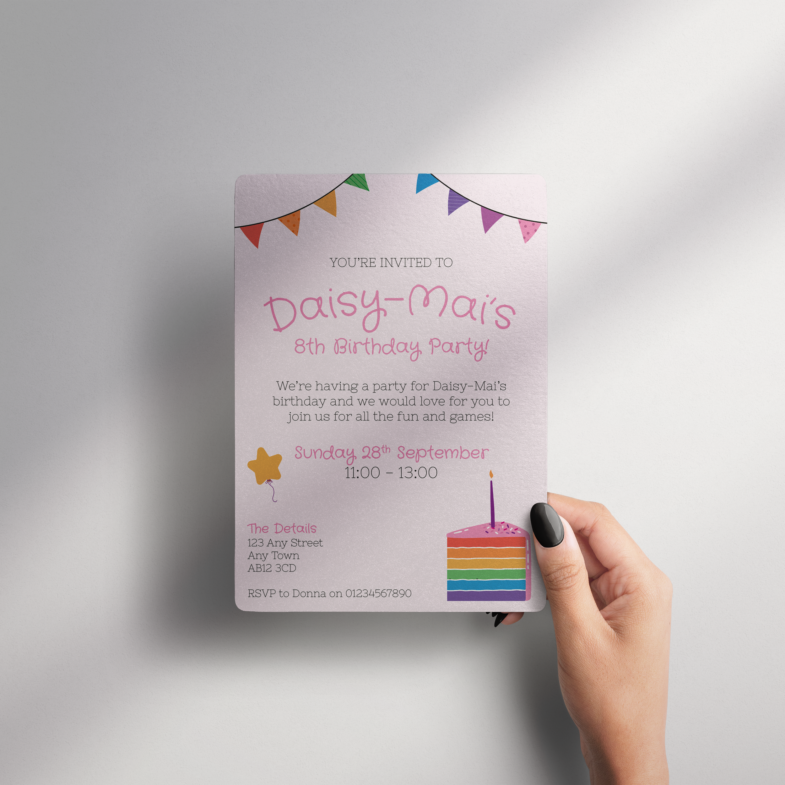 8th Birthday Invitation: Playful, pink-forward invitation designed to capture the excitement and personality of the birthday girl. Focused on bold colour, fun typography, and a layout that felt celebratory while remaining clear for parents and guests