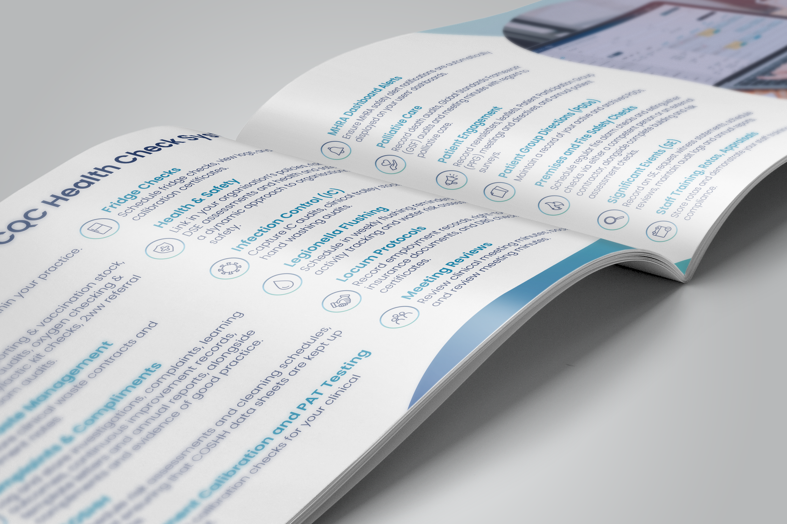 Open booklet with health checklists and protocols, including sections on fridge checks, health and safety, infection control, laundering, and training, using blue and black text with icons.