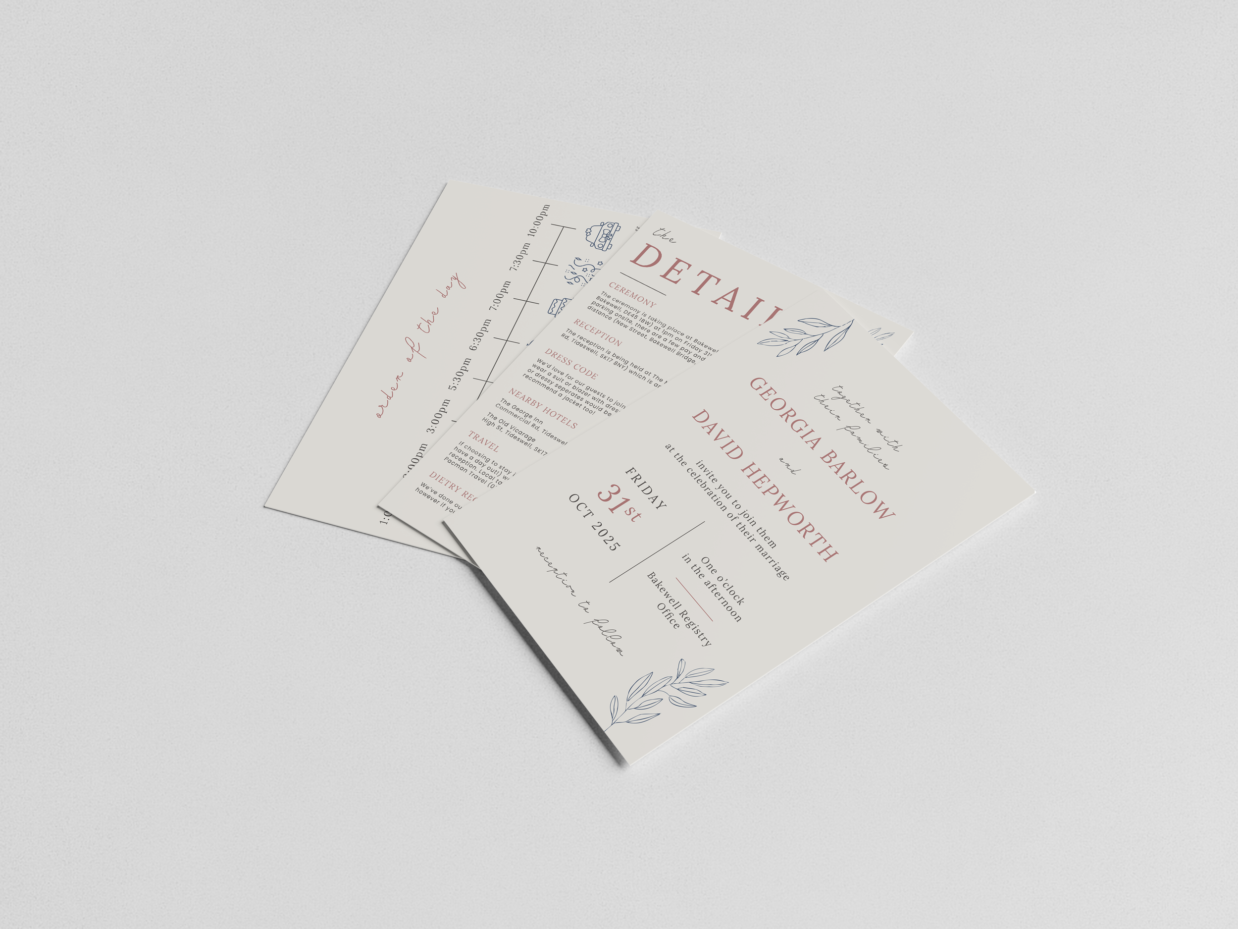 Wedding invitation with details about the ceremony, reception, dress code, nearby hotels, and travel info, dated October 31, 2025, with decorative leaf illustrations.