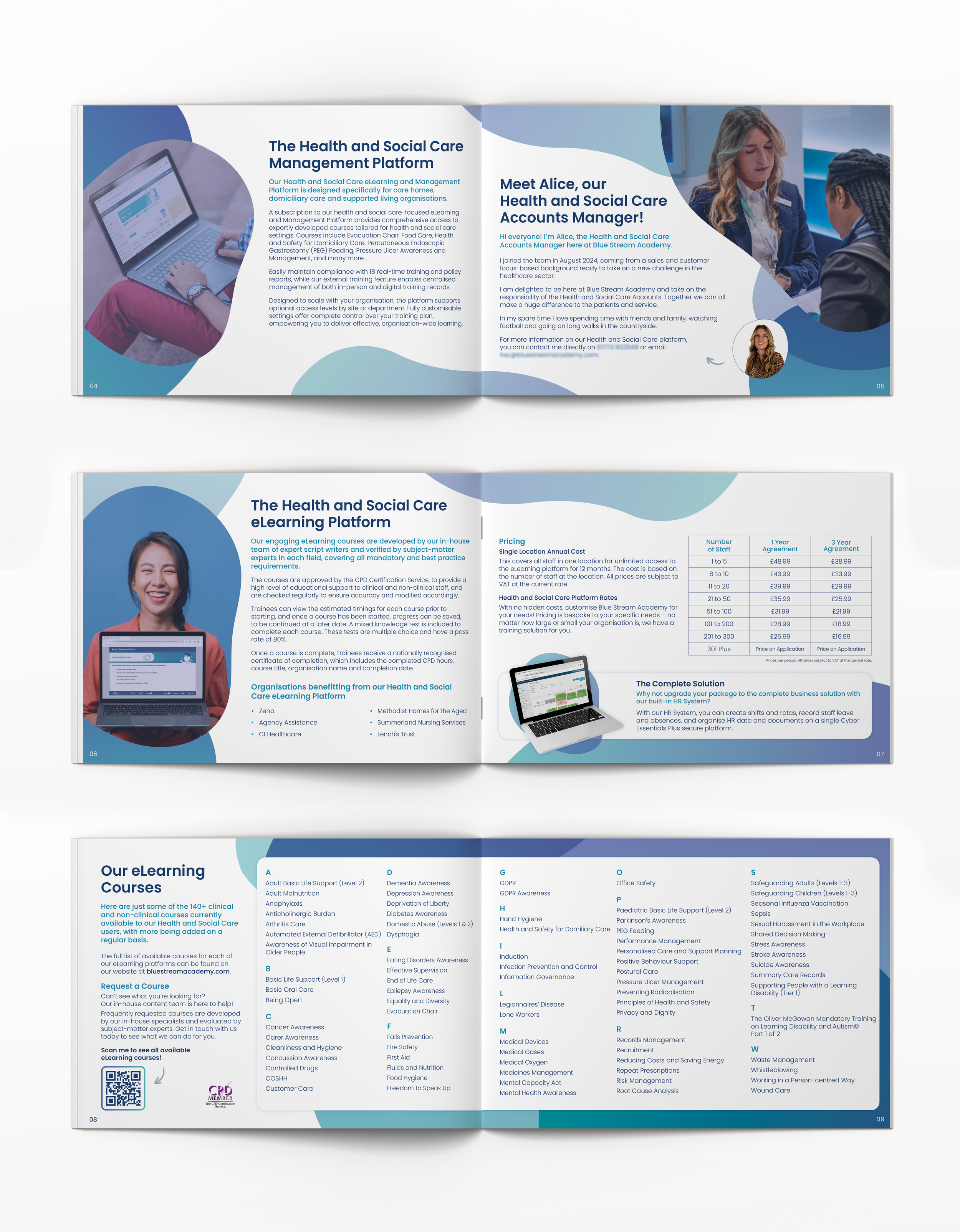 Open booklet showcasing health and social care management platform, featuring information about eLearning courses, team profiles, and pricing details with images of people working on a laptop and a smiling woman using a tablet.