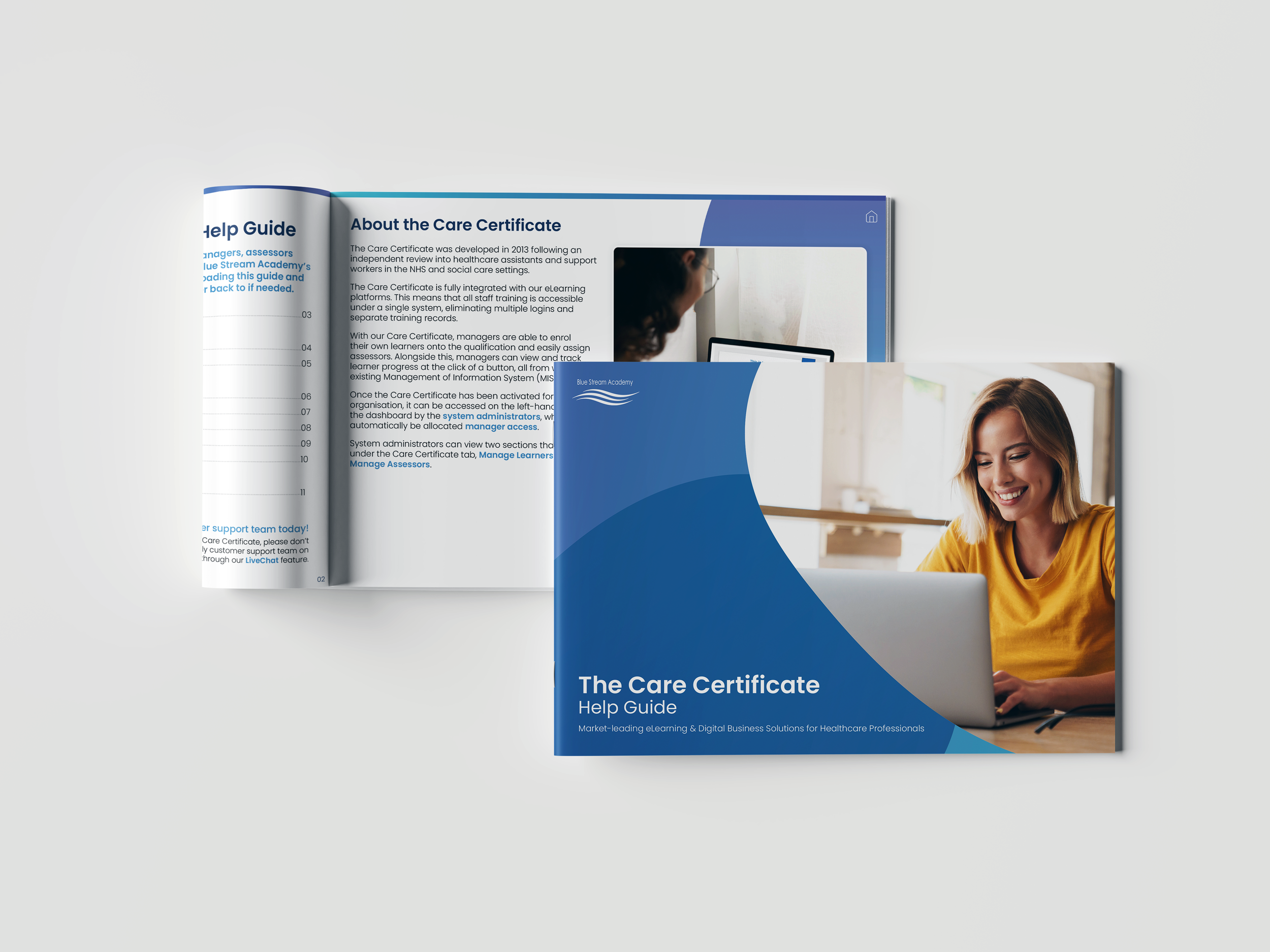Front and back cover of a help guide for the Care Certificate, with the front cover showing a smiling woman working on a laptop and the back cover displaying written content about the Care Certificate.