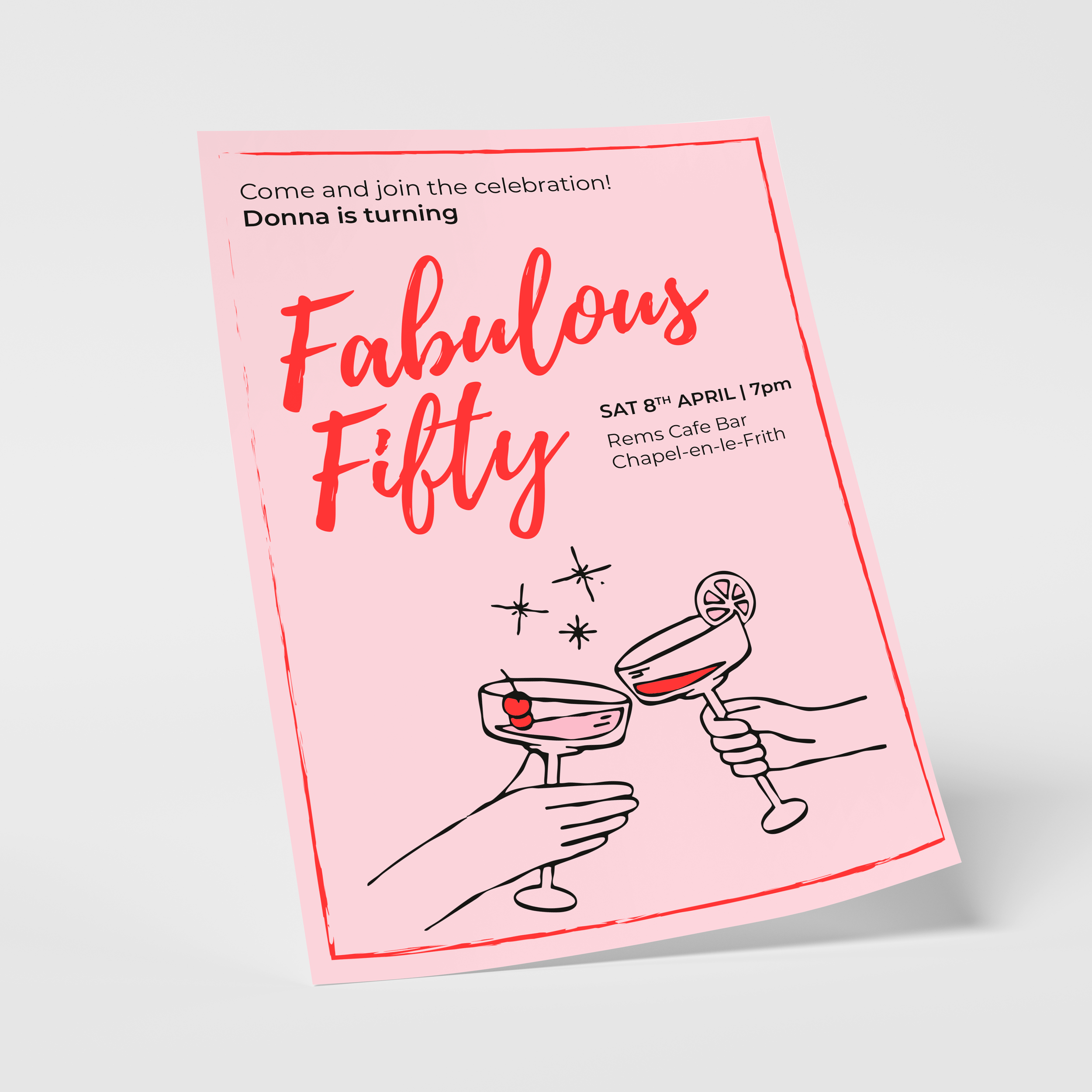 50th Birthday Invitation: A milestone birthday invitation with a confident pink palette and elegant detailing. Balanced fun with sophistication to create something celebratory, polished, and perfectly suited to the occasion.