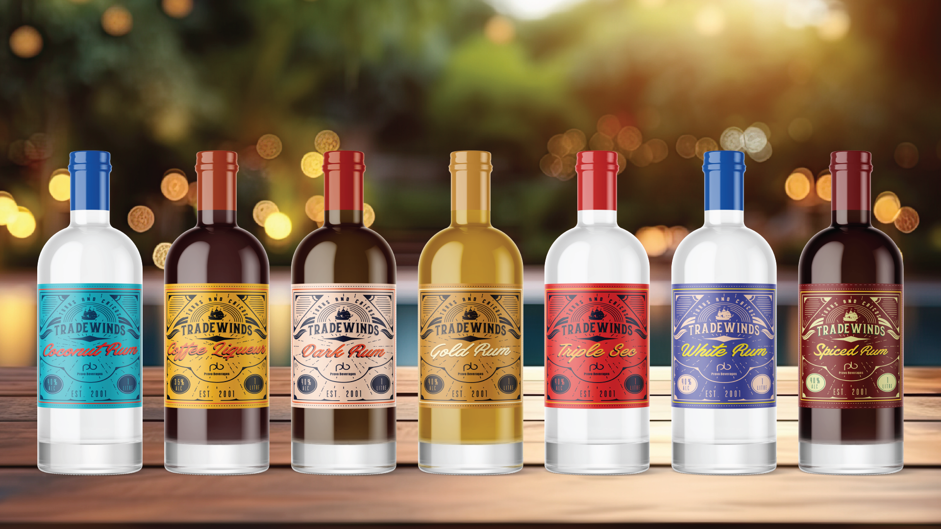 Seven bottles of flavored rum arranged in a row on a wooden surface with blurred outdoor lights in the background.