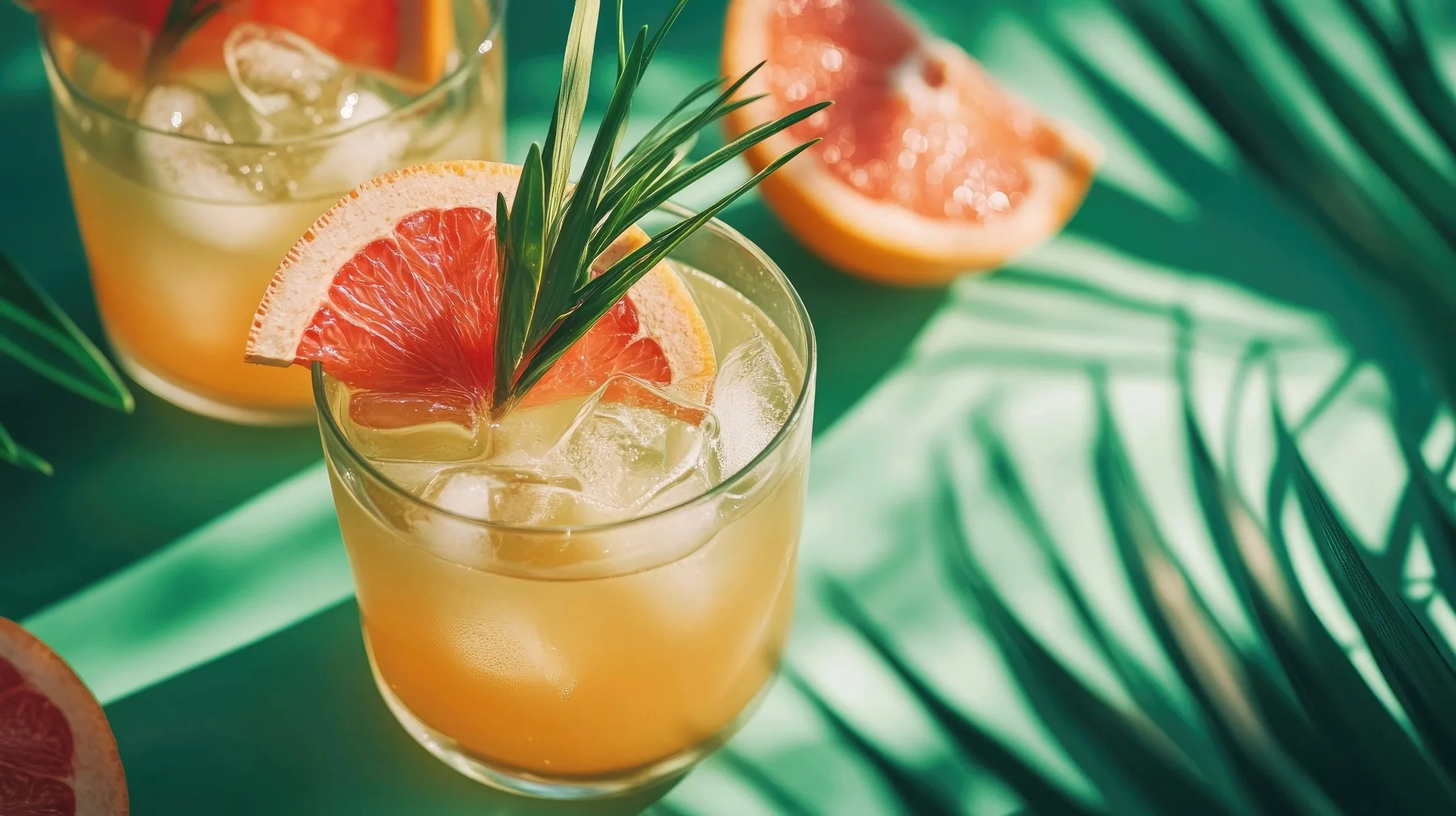 Two glasses of grapefruit juice with ice, garnished with a grapefruit wedge and green garnish, on a green surface with pineapple leaves casting shadows.