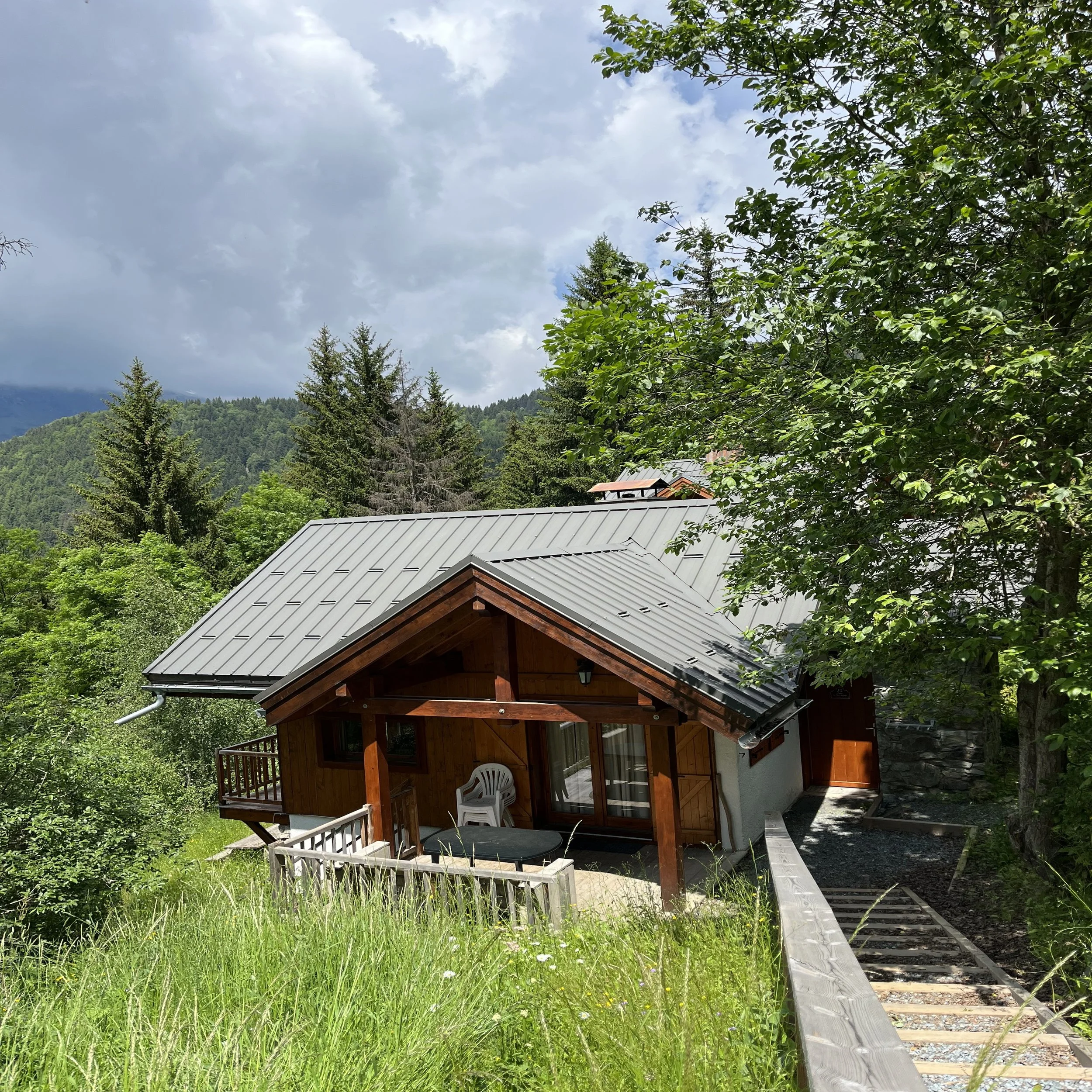 A wooden cabin with a metal roof is situated among green trees and grass, with a cloudy sky in the background.
