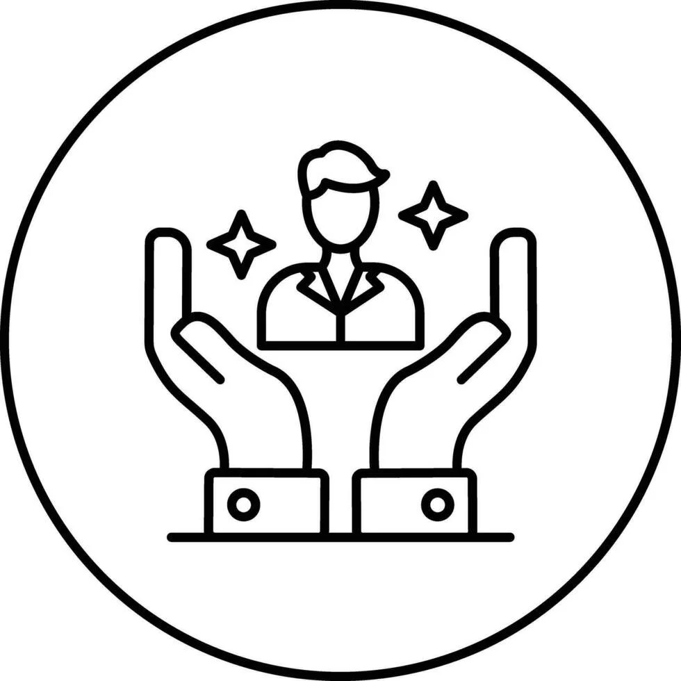 Line drawing of a person in a business suit being cradled by two hands, with sparkles around the person, all enclosed in a circle.