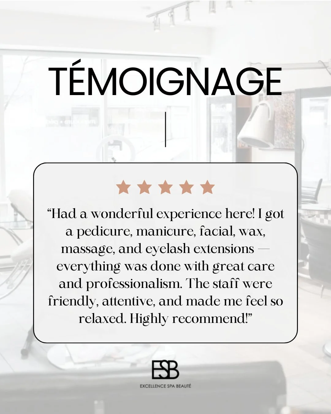 Plusieurs soins. Une seule exp&eacute;rience : la v&ocirc;tre ✨

Notre approche repose sur l'&eacute;coute, le savoir-faire et un environnement apaisant. Chaque client est pris en charge du d&eacute;but &agrave; la fin.
Venez vivre une exp&eacute;rie