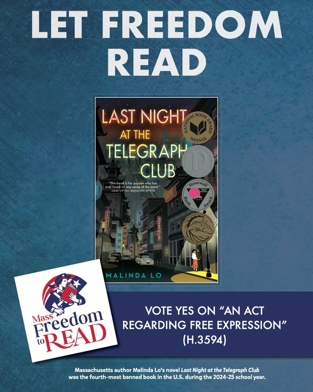 🚫 Book Bans and Censorship Affect Massachusetts Authors

📚 Massachusetts author Malinda Lo's novel LAST NIGHT AT THE TELEGRAPH CLUB was the fourth-most banned book in the U.S. during the 2024-25 school year. @malindalo

📪 Want to send a postcard f
