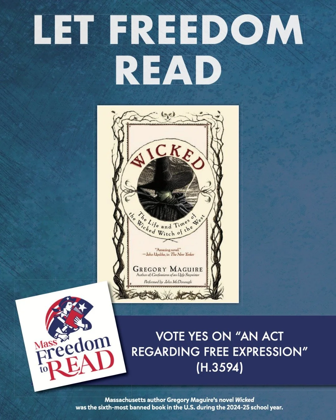 🚫 Book Bans and Censorship Affect Massachusetts Authors

🧙🏻Massachusetts author Gregory Maguire's novel WICKED was the sixth-most banned book in the U.S. during the 2024-25 school year. @gregorymaguire 

📪 Want to send a postcard featuring A QUEE