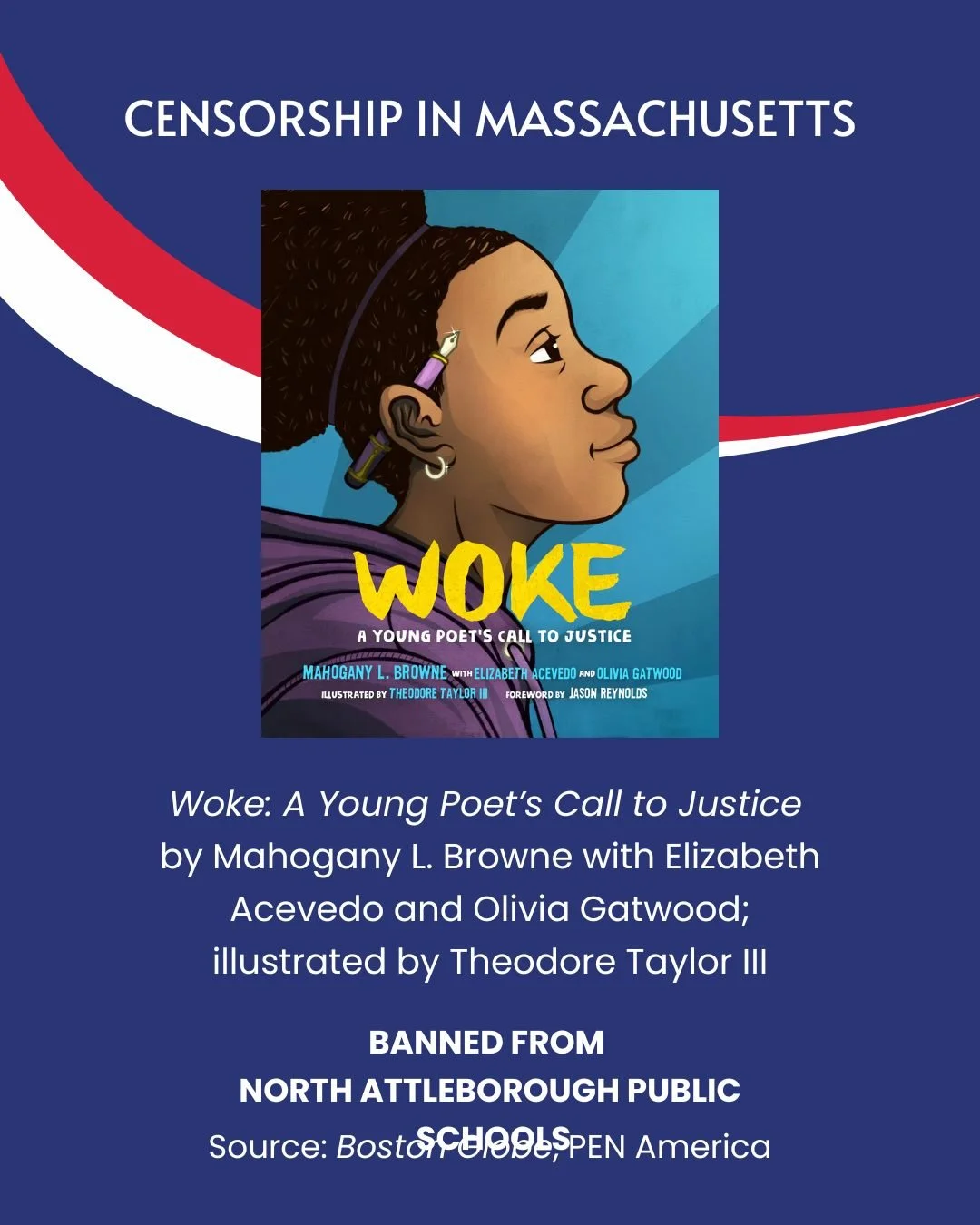 ➡️ Get to know how censorship affects Massachusetts

📚 WOKE: A YOUNG POET'S CALL TO JUSTICE by Mahogany L. Browne with Elizabeth Acevedo and Olivia Gatwood, and illustrated by Theodore Taylor III (Roaring Brook Press, 2020)

🏅 A School Library Jour