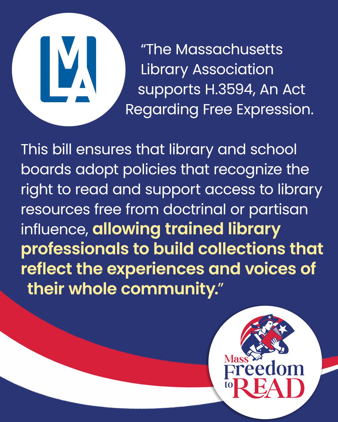📚 Thank you to the Massachusetts Library Association @masslibassoc for the following statement of support:

&ldquo;The Massachusetts Library Association supports H.3594, An Act Regarding Free Expression. This bill ensures that library and school boa