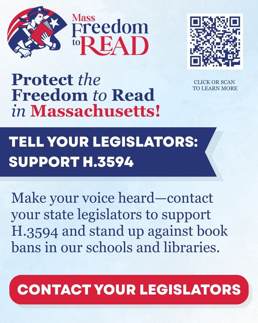 ACTION ALERT: Massachusetts readers, ask your legislators to help protect the freedom to read by supporting H.3594, An Act Regarding Free Expression.

H.3594 will ensure school and public librarians have clear guidance to curate library collections a