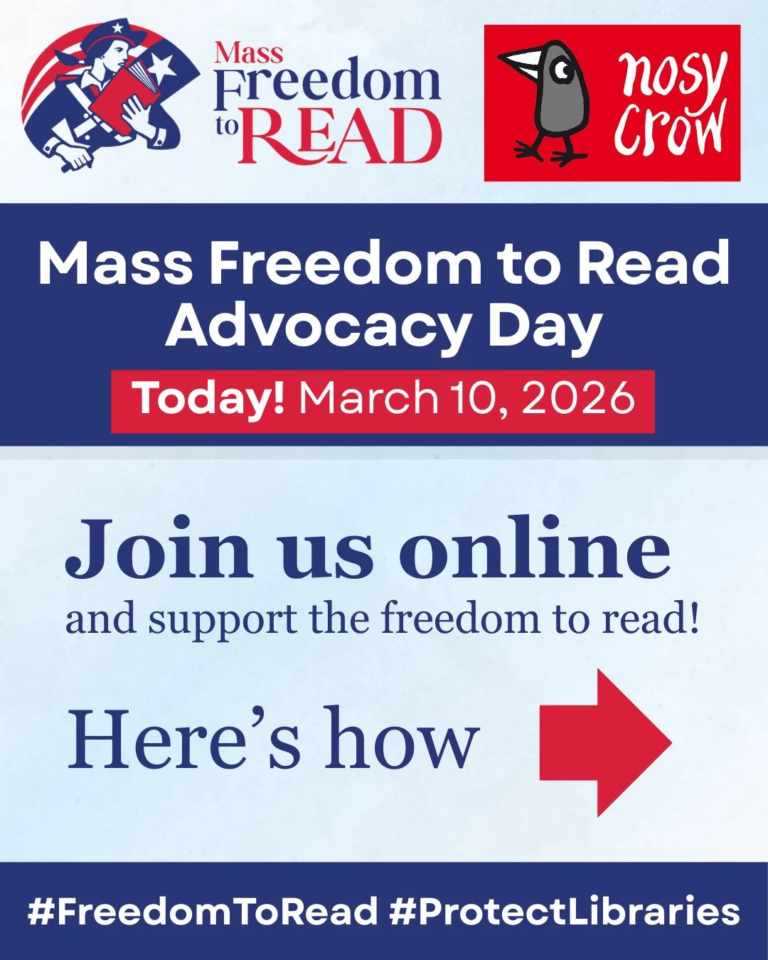 TODAY at 12:30 pm, go to @nosycrowus to watch our press briefing on Instagram Live from the State House! Nosy Crow is an award-winning children's publisher based in Massachusetts, and is a member of the Mass Freedom to Read Coalition. Thanks to Nosy 