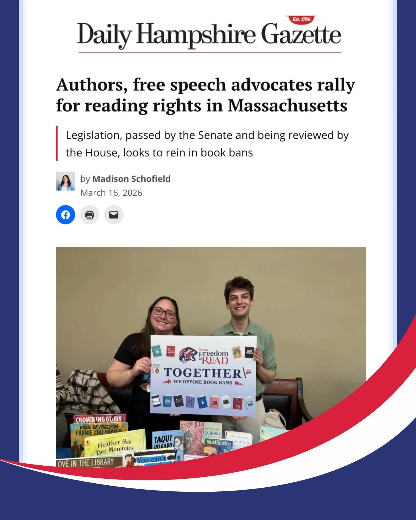 Thank you to @dailyhampshiregazette for this wonderful article on our advocacy day! To read the whole piece, visit GazetteNet.com.

#FreedomToRead #MassFreedomToRead
#MApoli #MAhouse